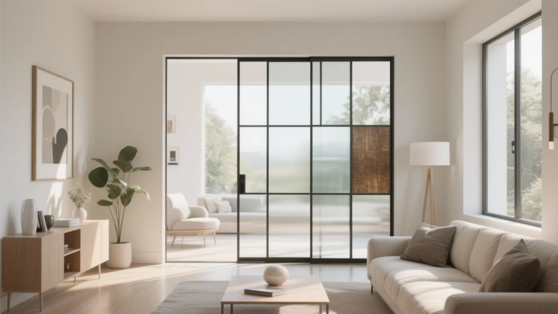Modern living room with black framed sliding glass door separating white sofa from bright balcony
