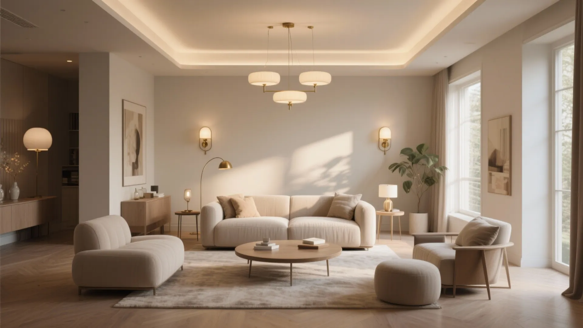 Beige living room with sofa two chairs coffee table footrest ceiling light and wall lights