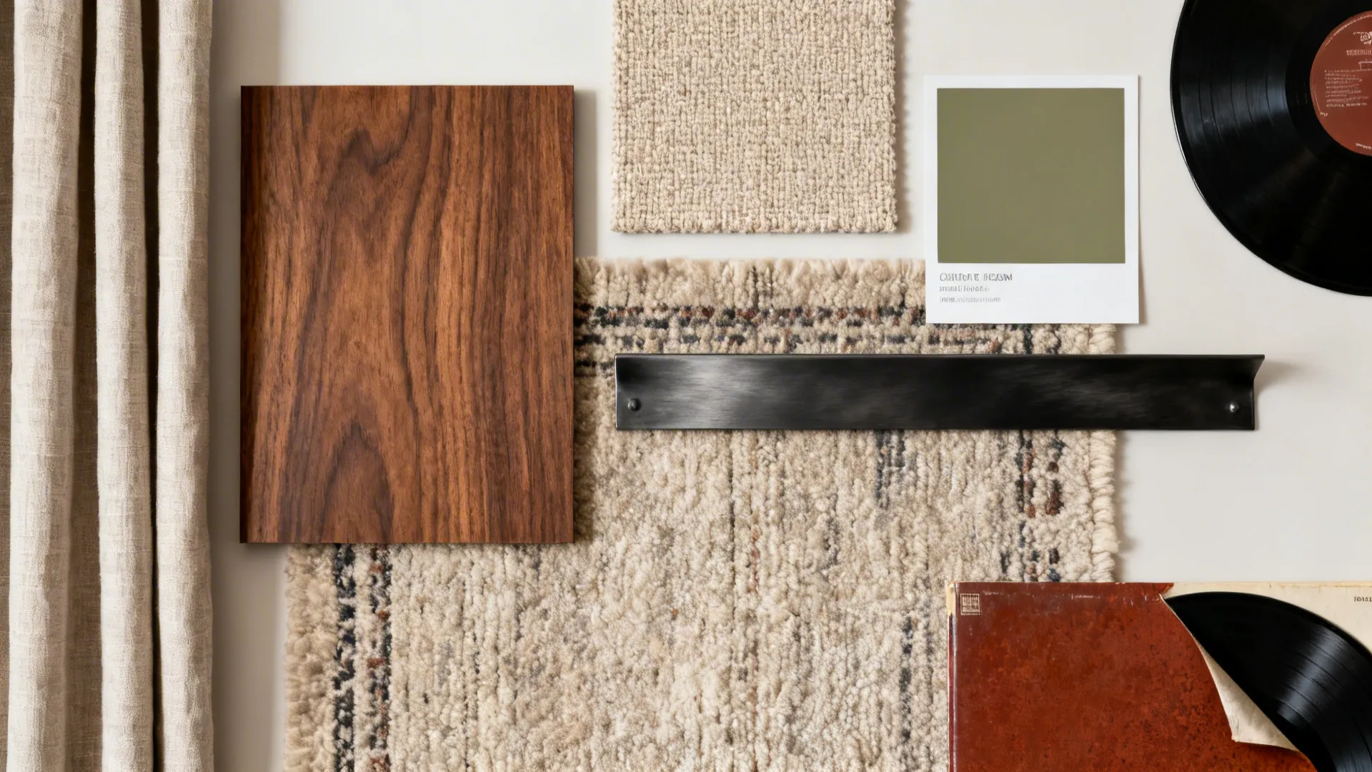 Top-down material palette with walnut, boucle, wool, black metal, and olive-gray paint.