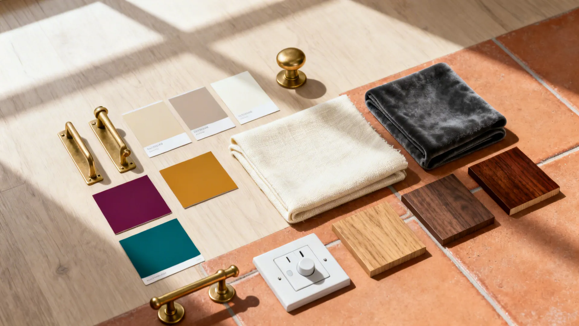Flat lay of neutral paints, a bold accent, brass, linen, velvet, wood samples, and a dimmer switch.