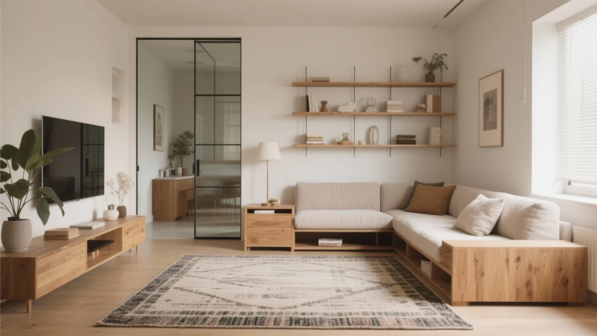 Modern white living room with wooden furniture a large corner sofa and a patterned rug