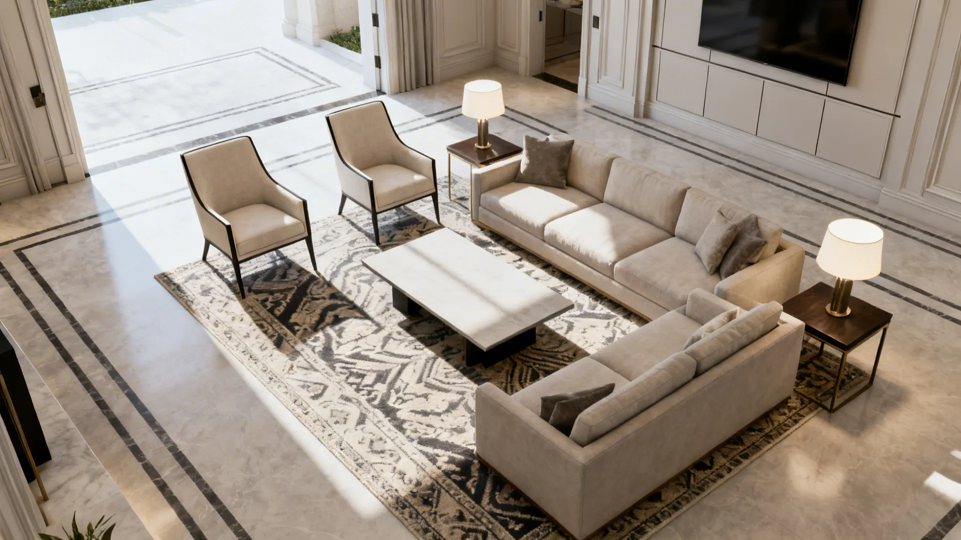 Top-down view showing an L-shaped conversation area with chairs around a coffee table and clear flow.