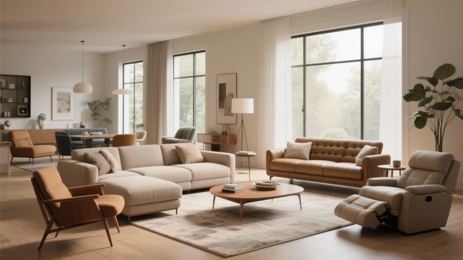 Large living room featuring beige sectional sofa brown leather sofa round wooden coffee table and plants