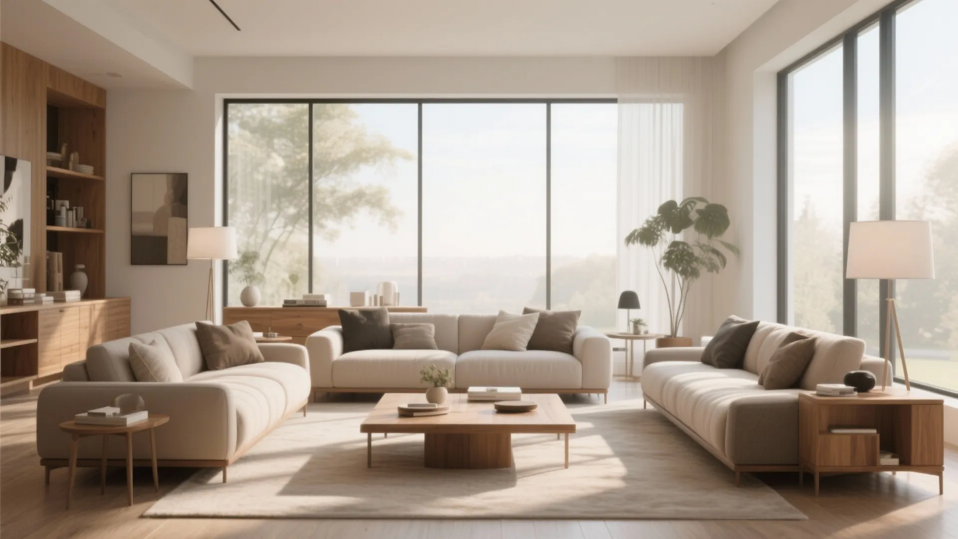 Bright modern living room with three beige sofas, wooden coffee table, large windows, and plants