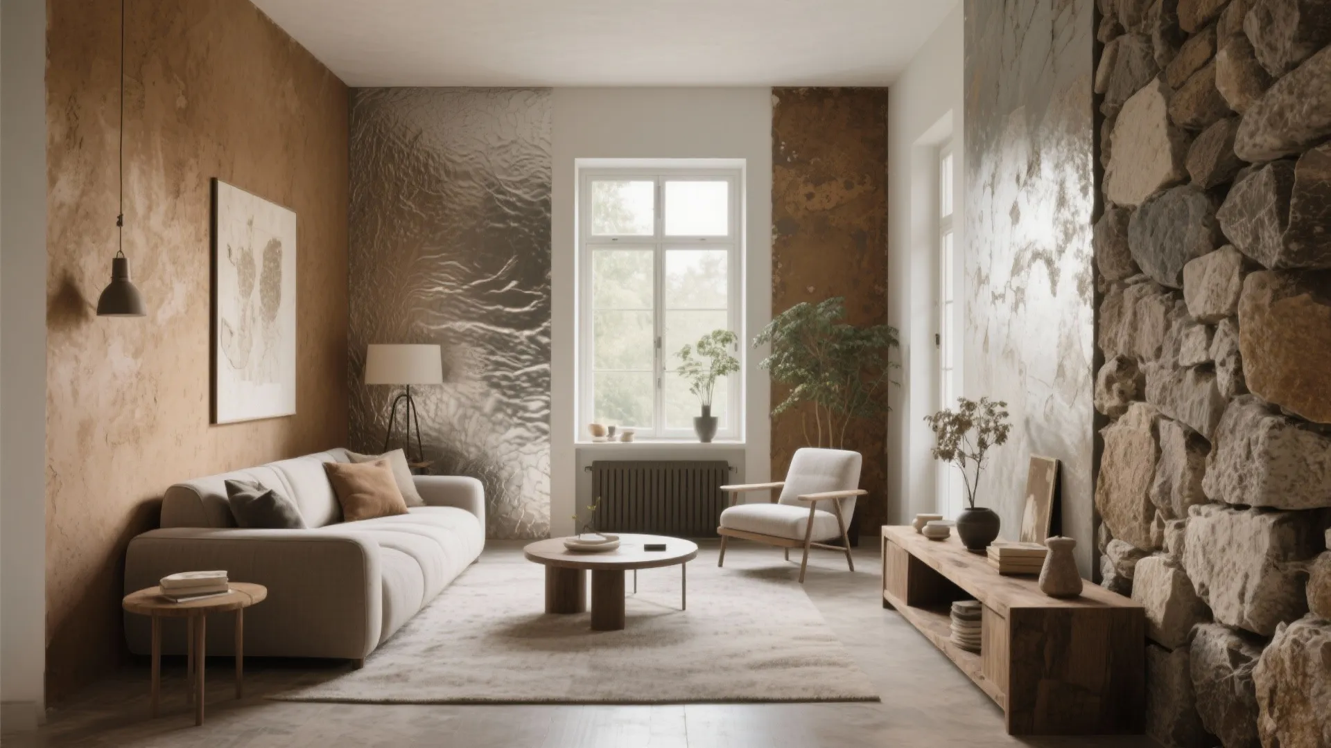 Living room with stone wall textured plaster white sofa wooden cabinet and round coffee table furniture