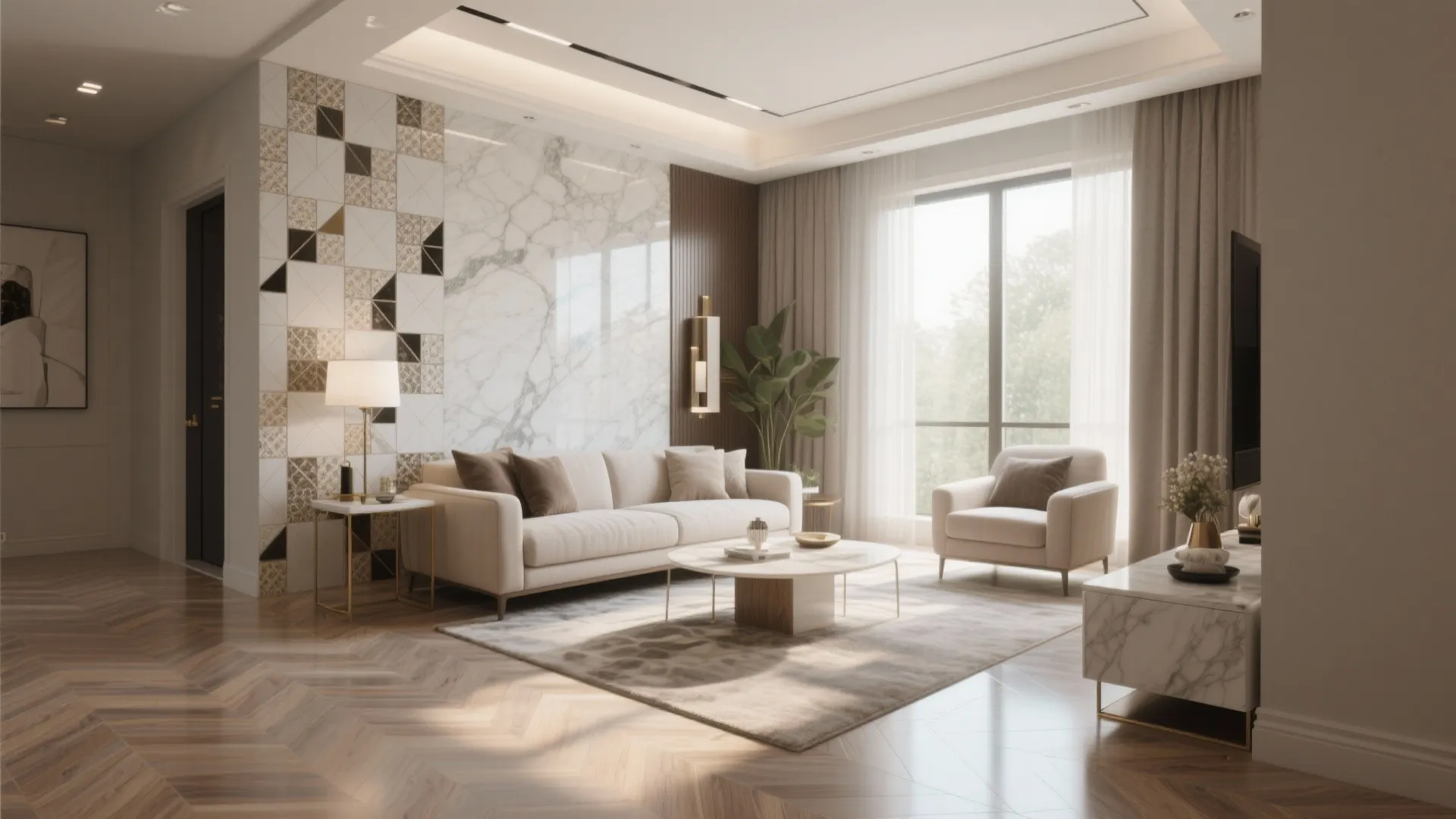 Modern living room featuring marble wall panel cream sofa armchair and wood floor design layout