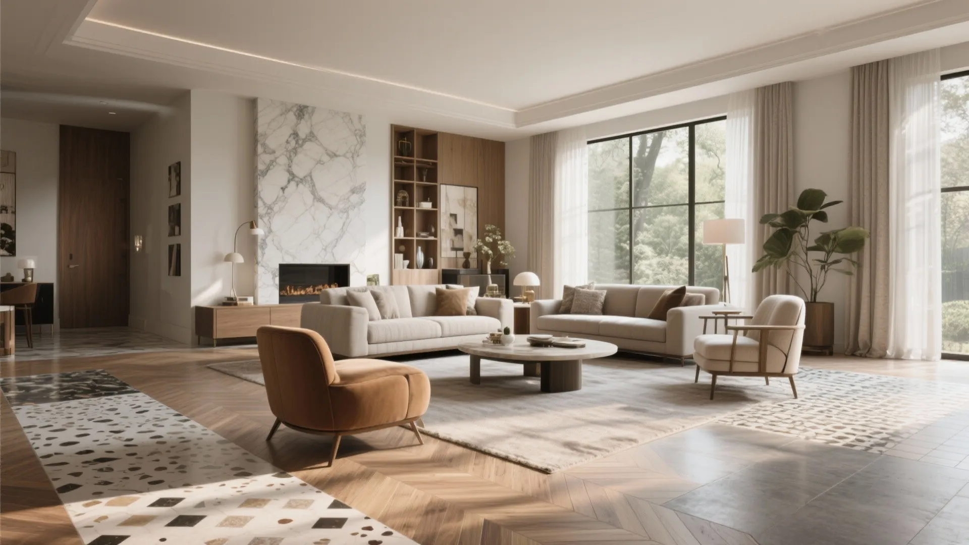 Spacious living room featuring marble fireplace, beige sofas, orange chair, wooden floor, and large windows