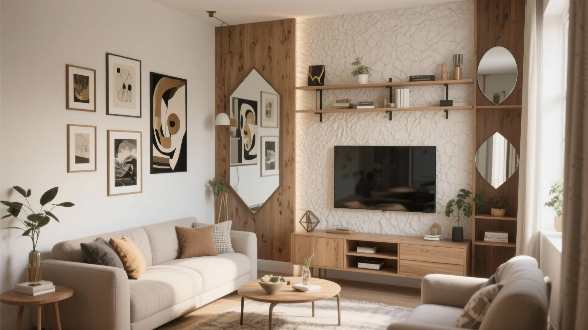 Modern living room with beige sofa wooden coffee table and television on white textured wall
