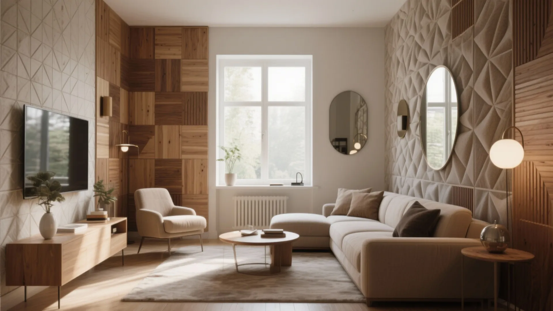 Modern living room with textured wall panels wooden blocks beige sofa round mirrors and cabinet
