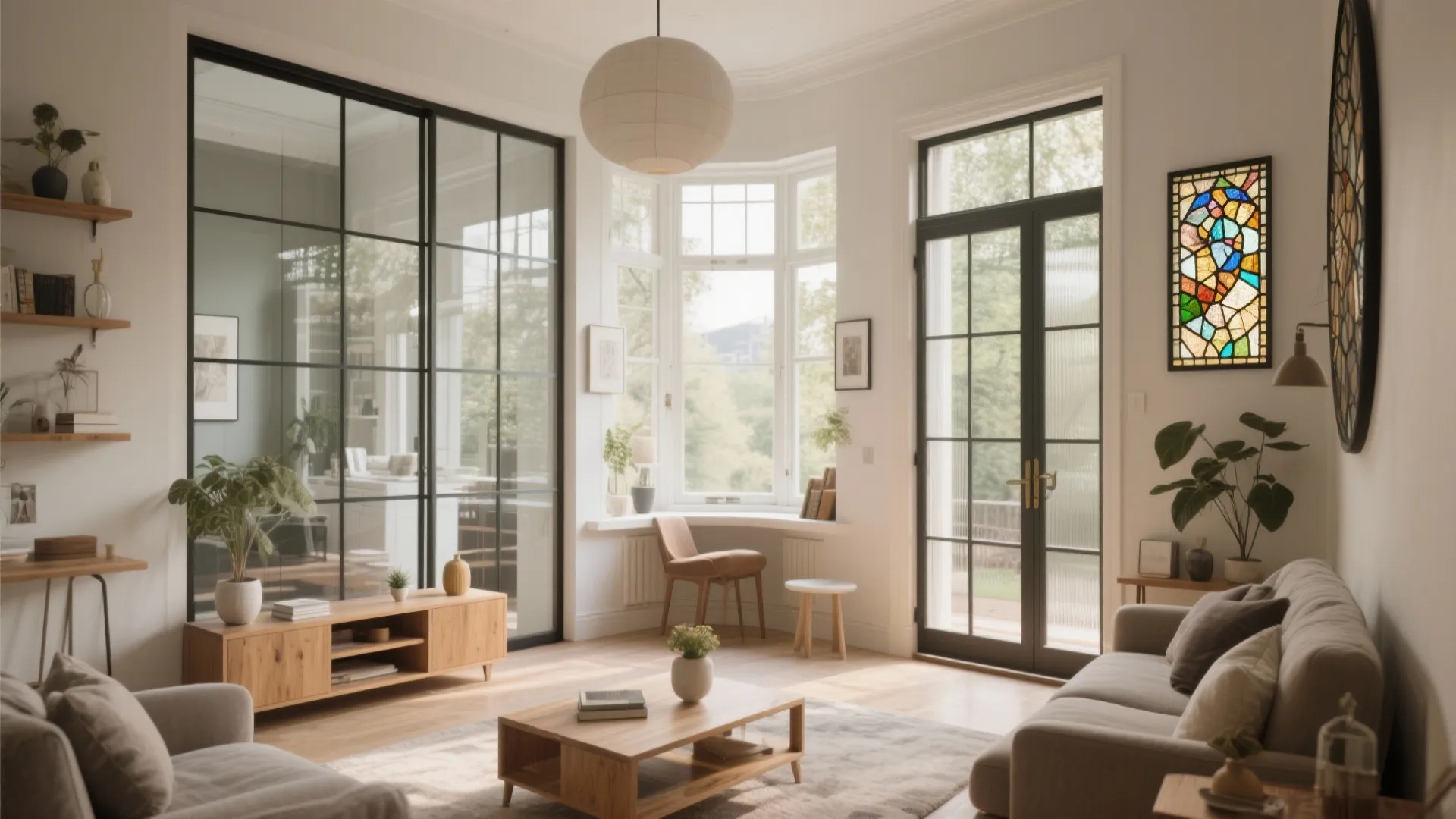 Cozy living room with glass doors stained glass art white ceiling light and wooden furniture