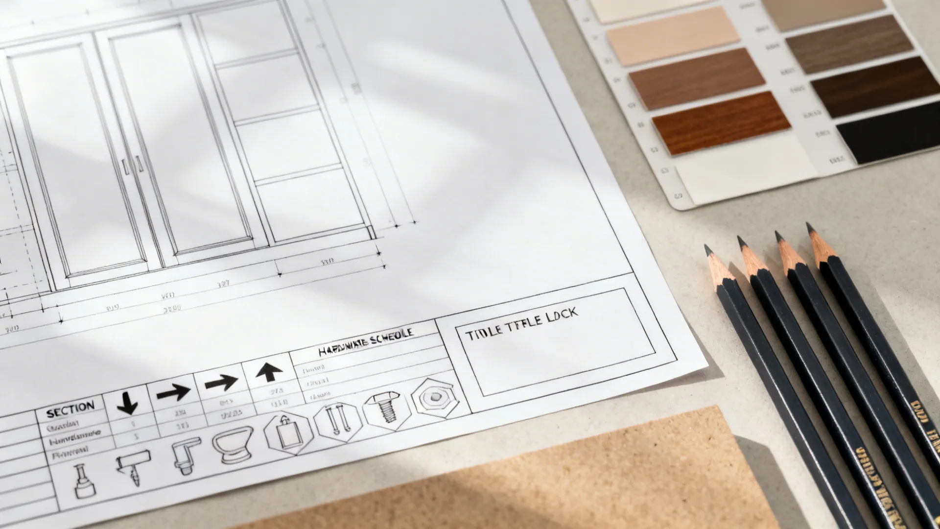 Flat lay of drafting standards elements like elevation snippets, legend swatches, and tools.