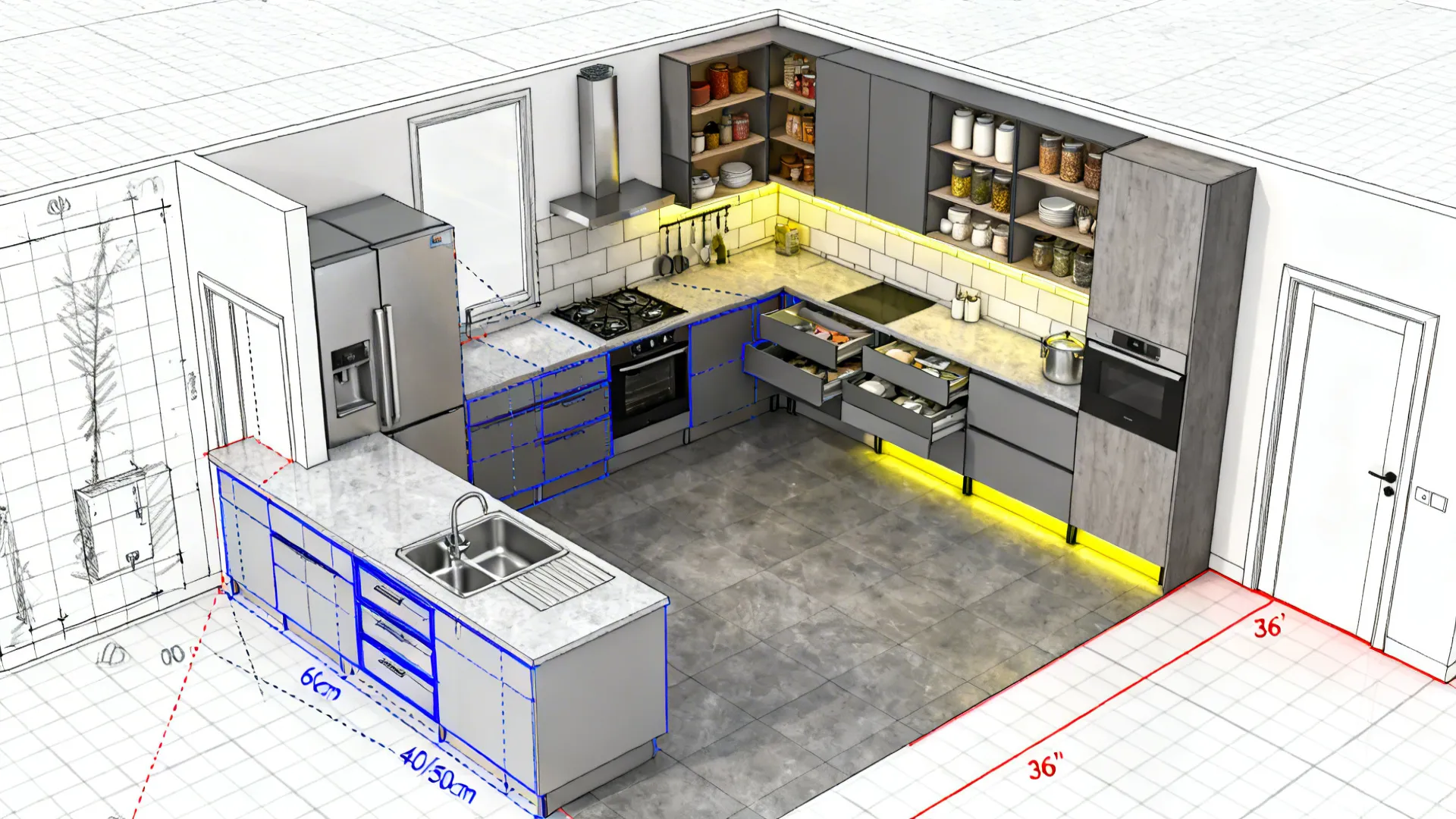 Top-down sequence showing measuring, triangle mapping, module selection, and final checks for an L-shaped kitchen.