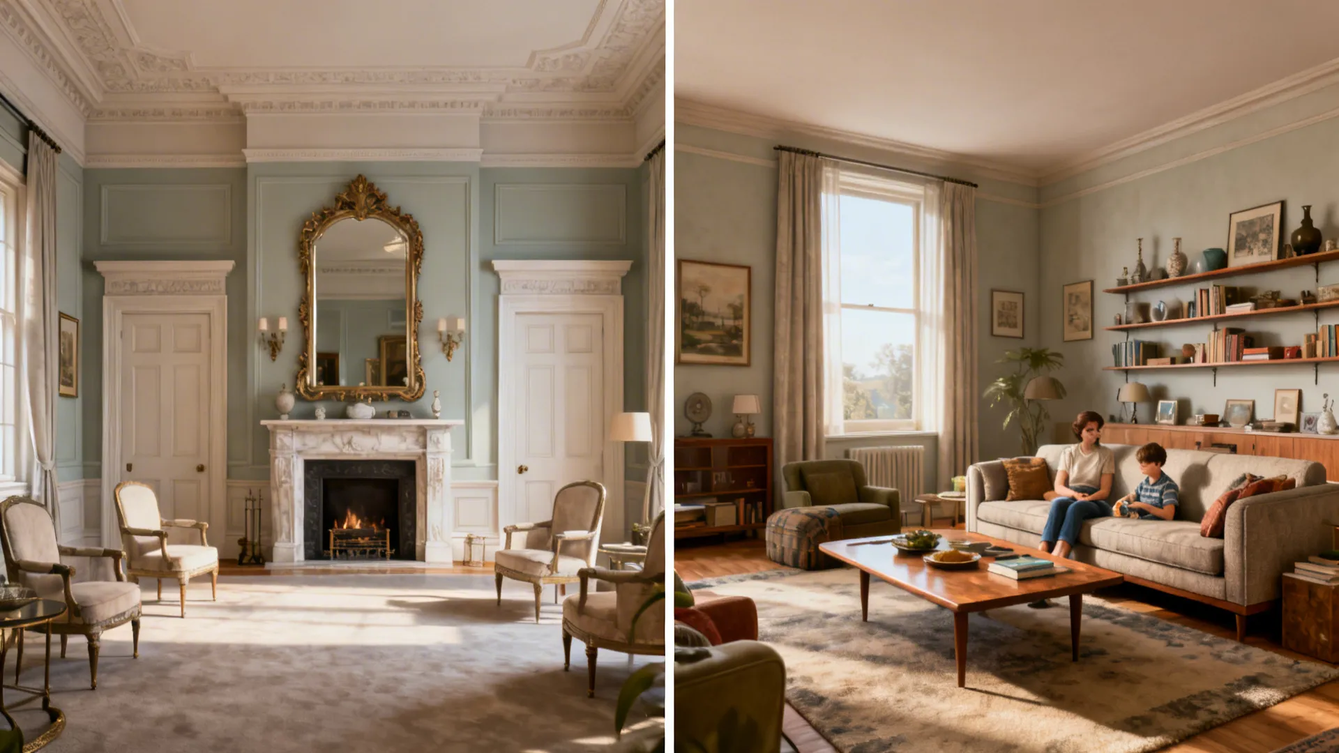 Side-by-side view of a formal drawing room and a casual living room within the same architecture.