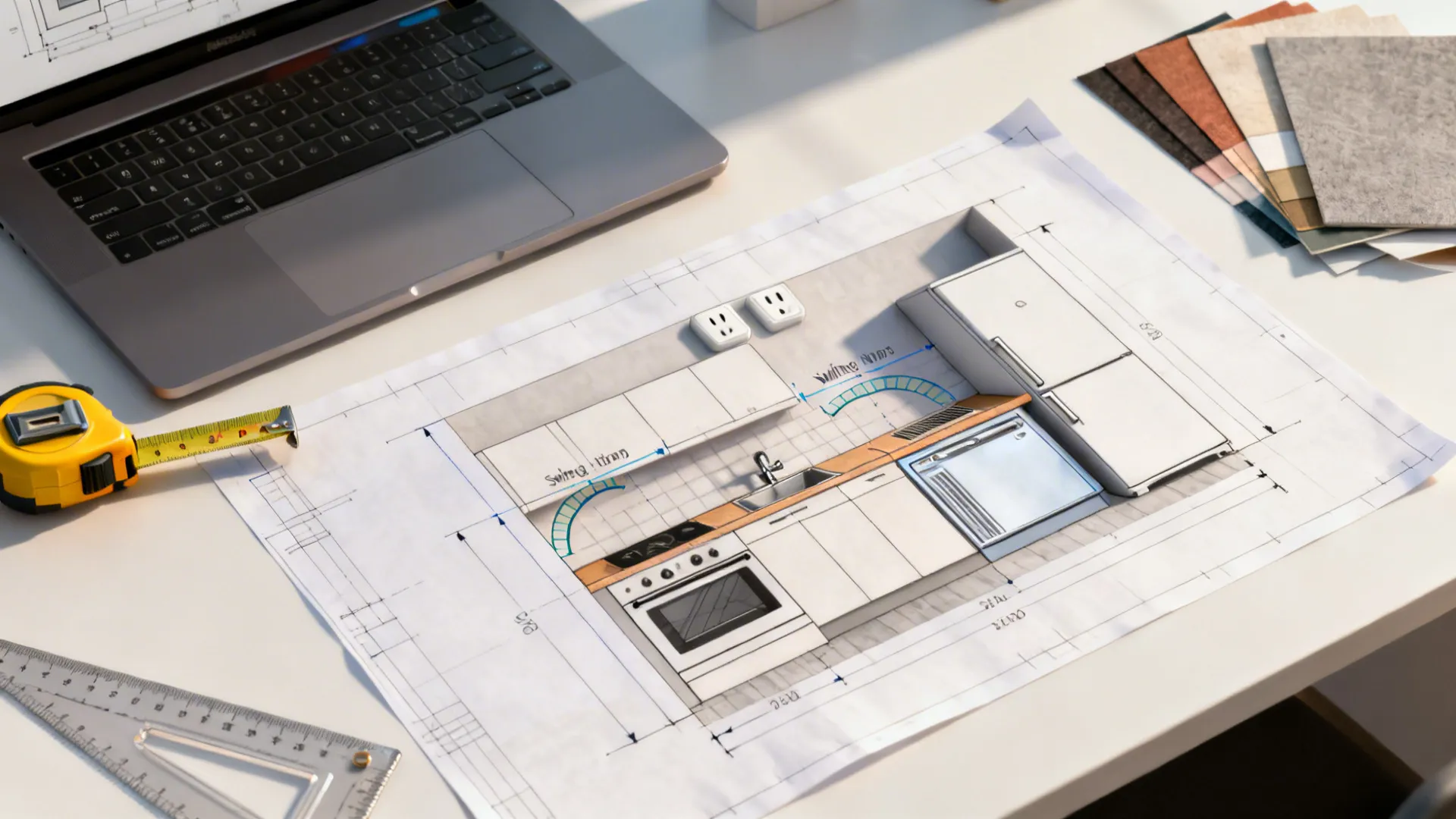 Top-down view of a kitchen plan with appliance envelopes and door swing checks on a drafting desk.