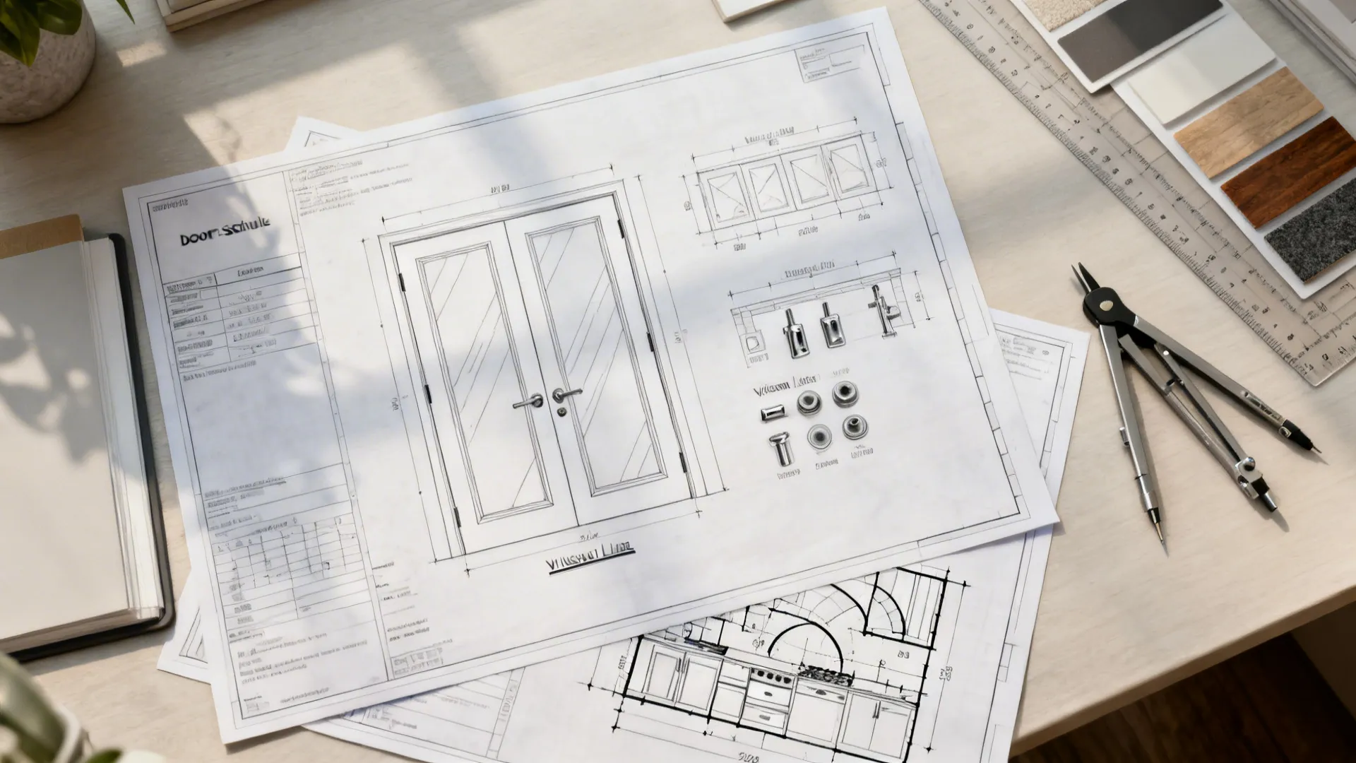 Top-down desk view with door schedules, plans, elevations, and swing diagrams for a kitchen door.