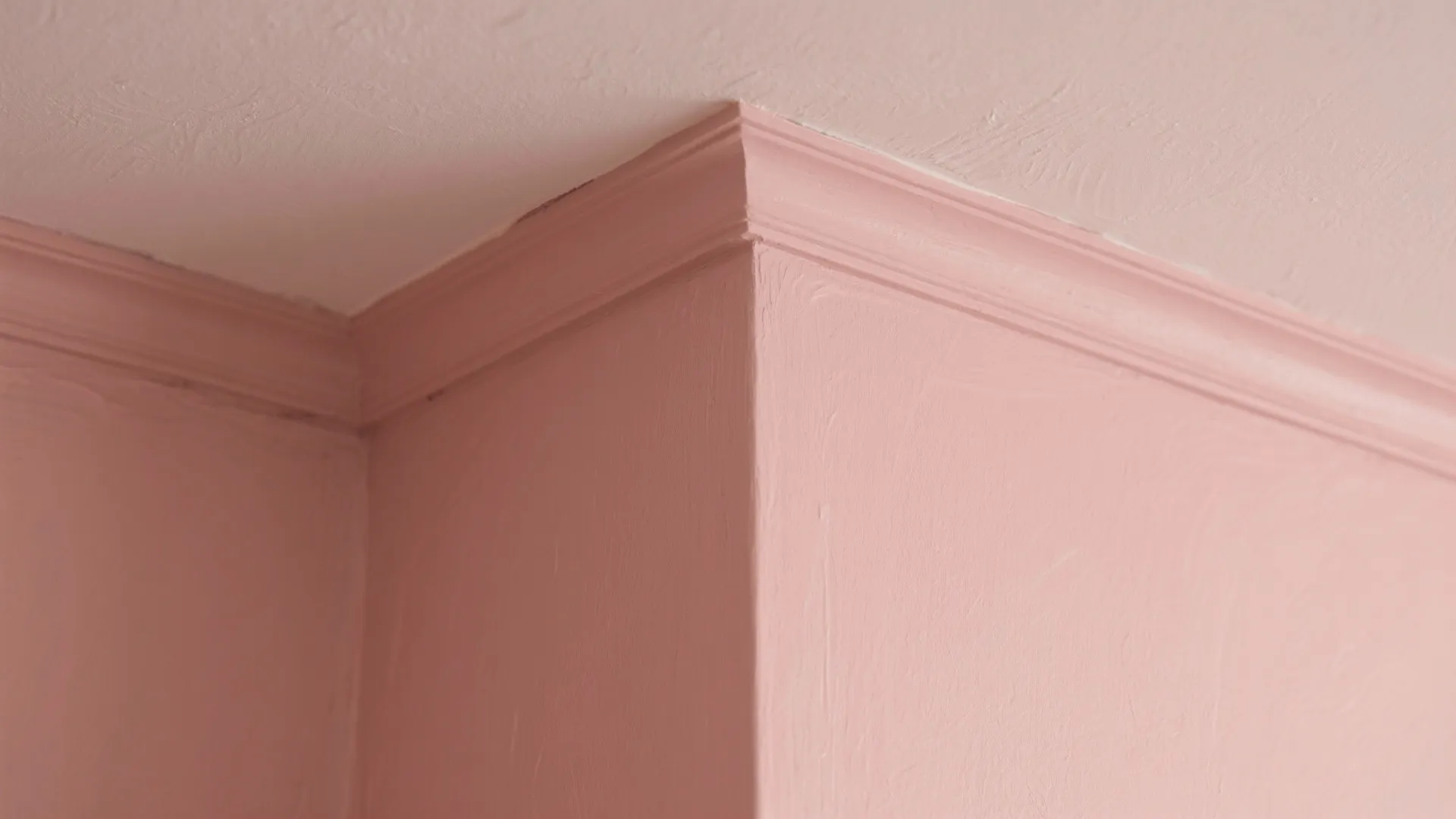 Pink painted wall corner showing decorative wall trim meeting a white ceiling in a home