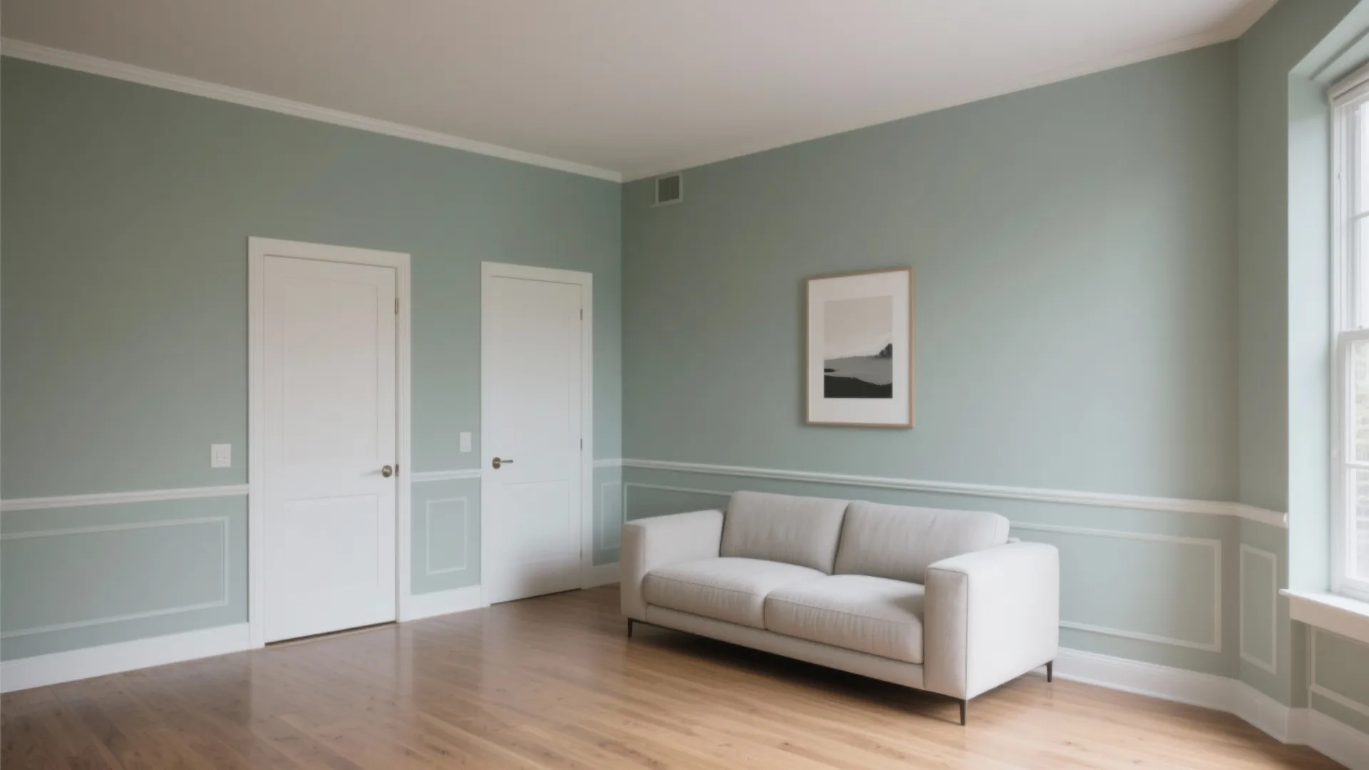 Light blue living room with white sofa two white doors wall panels and wood floor