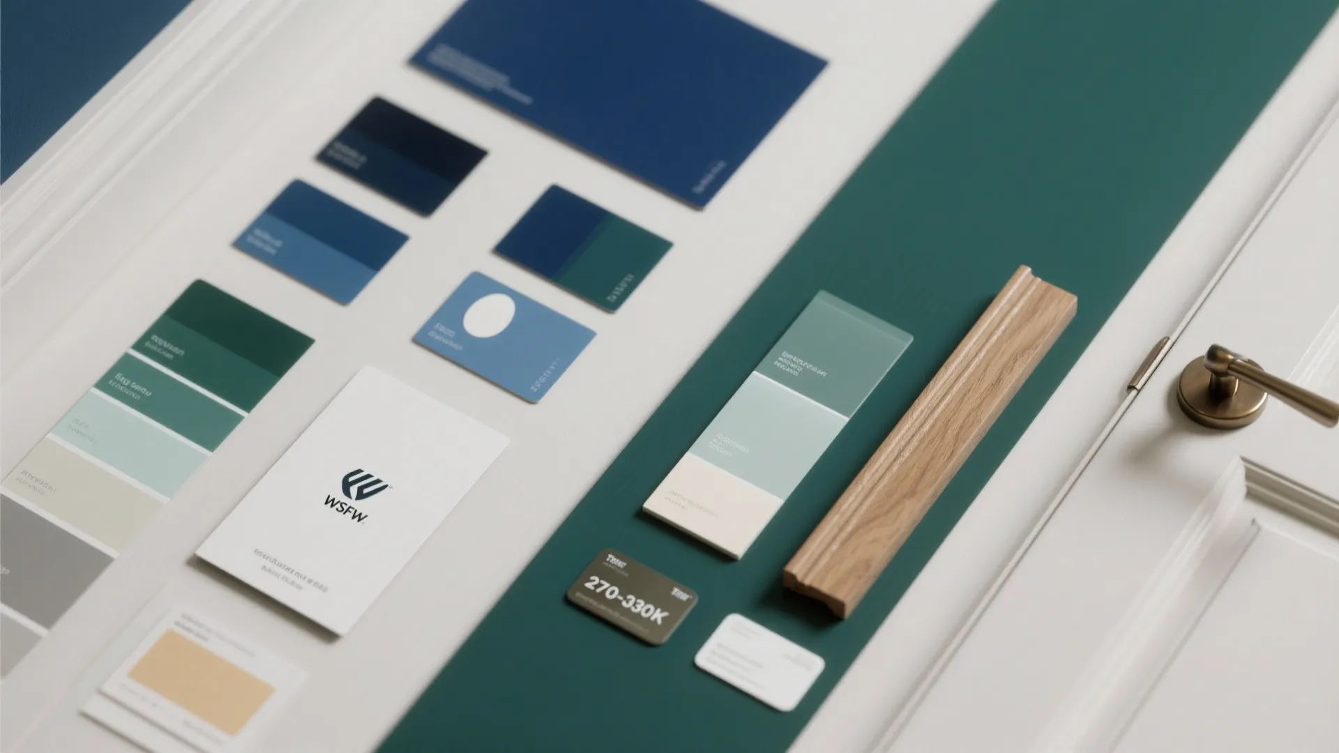 Flatlay of paint swatches and sheen samples for color-drenching a hallway in deep hues.