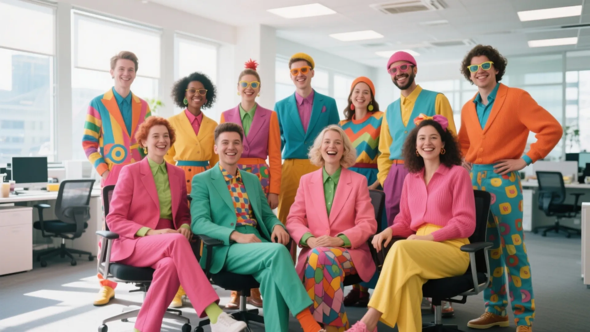Diverse group of office workers wearing brightly colored suits and patterns for a themed day