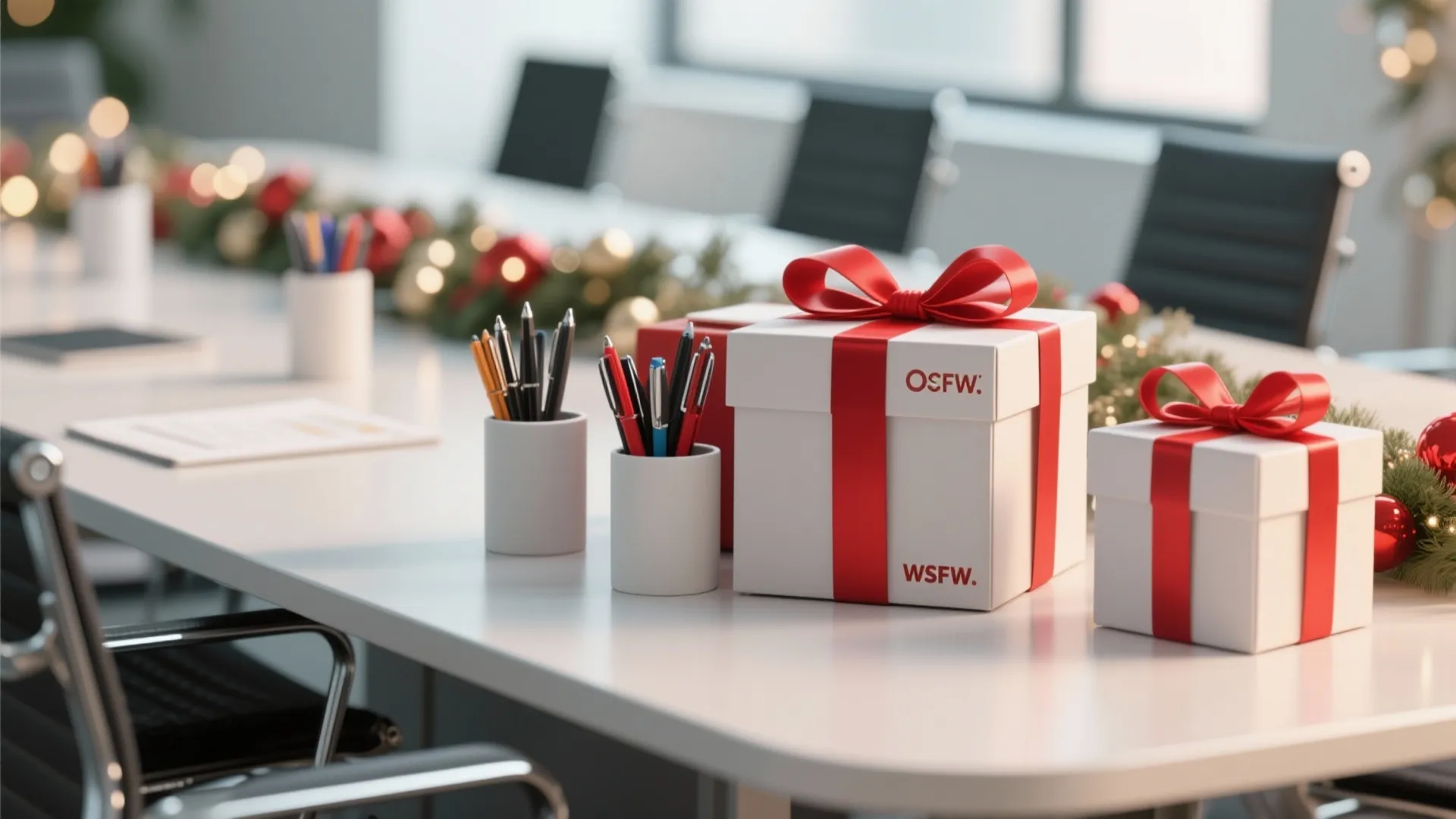 White office desk with red ribbon gift boxes and festive green garland with red holiday ornaments