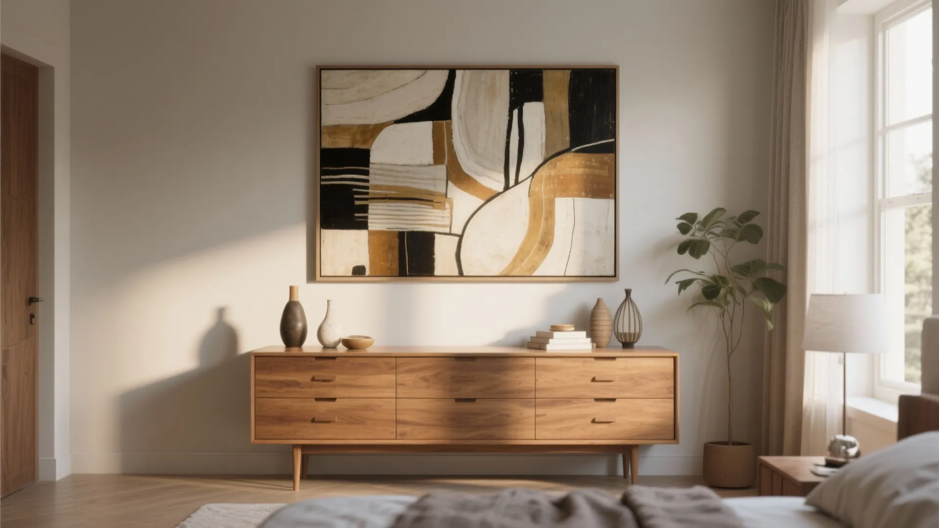 Large abstract wall painting hanging above a long wooden cabinet in a warm sunny bedroom