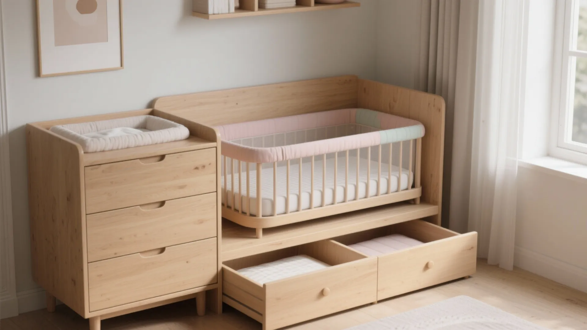 Wooden nursery furniture set featuring a cabinet with drawers and small bed near a window