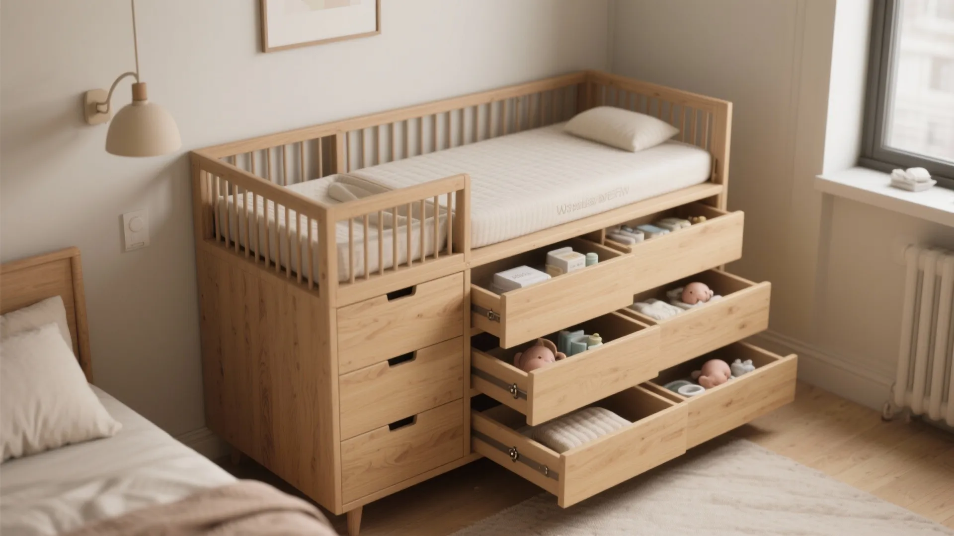 Wooden baby bed combined with a cabinet featuring open drawers for storage in a bedroom