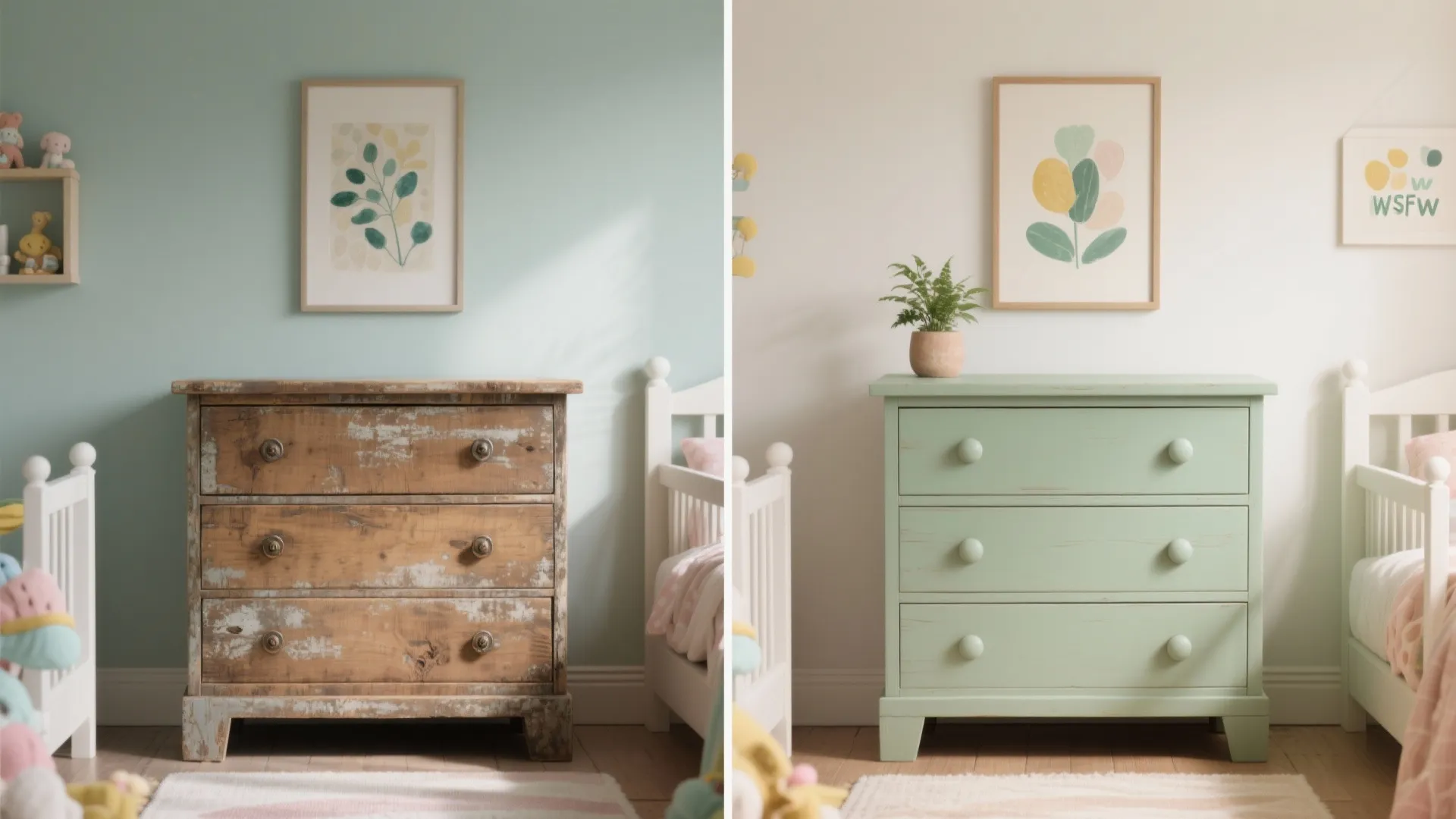 Side by side comparison showing old worn wooden cabinet and new light green painted cabinet