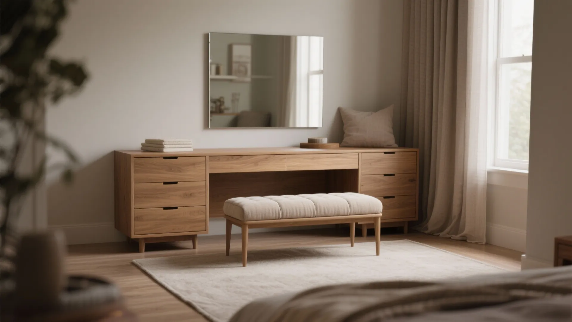 2. Dresser + bench combo: double-duty seating and storage