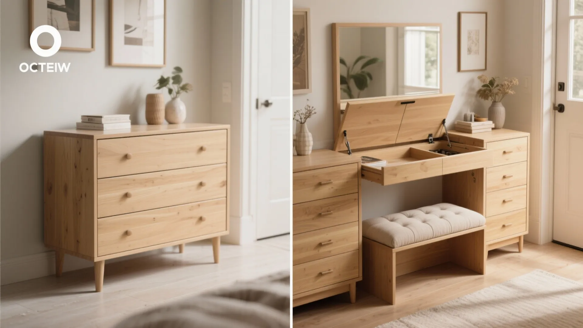 Before and after showing a simple wood cabinet transformed into a makeup desk with mirror