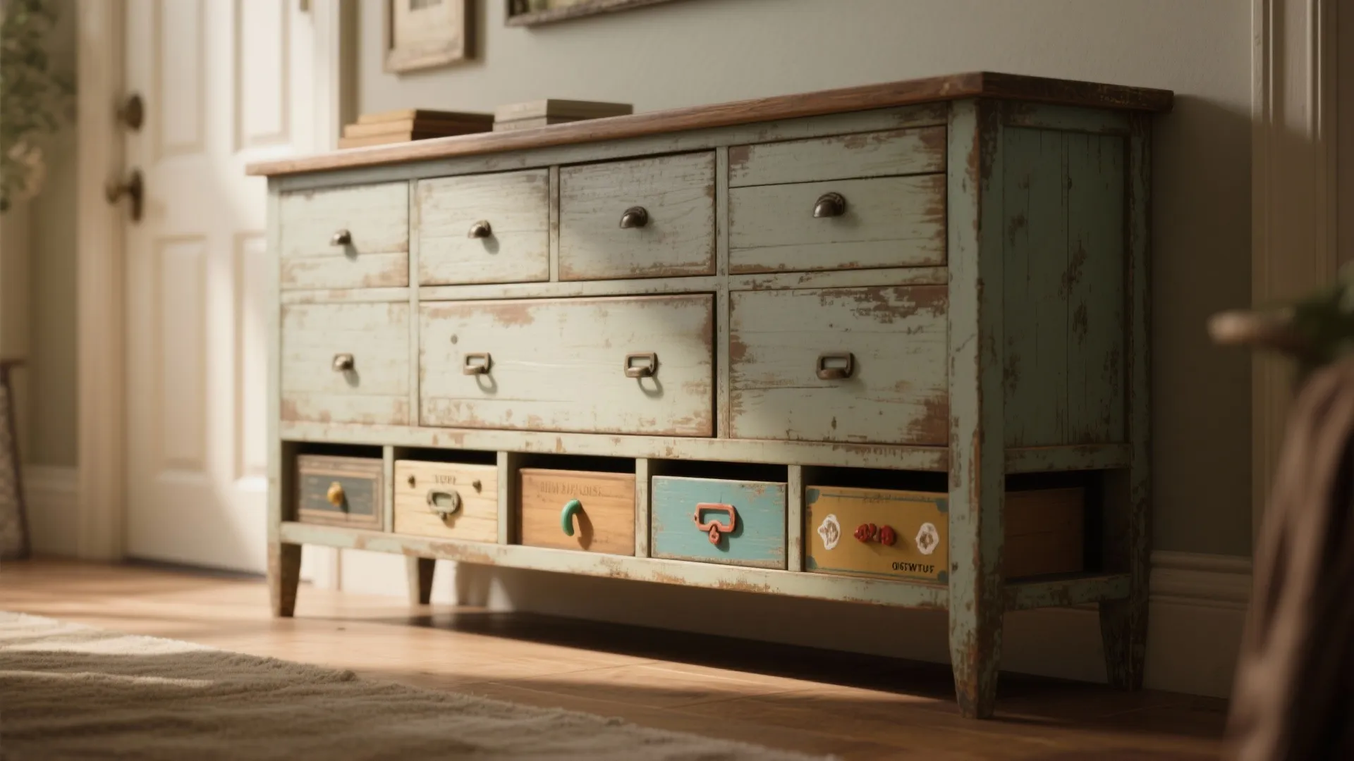 Vintage light blue wooden cabinet with many drawers and a brown top in a bright room