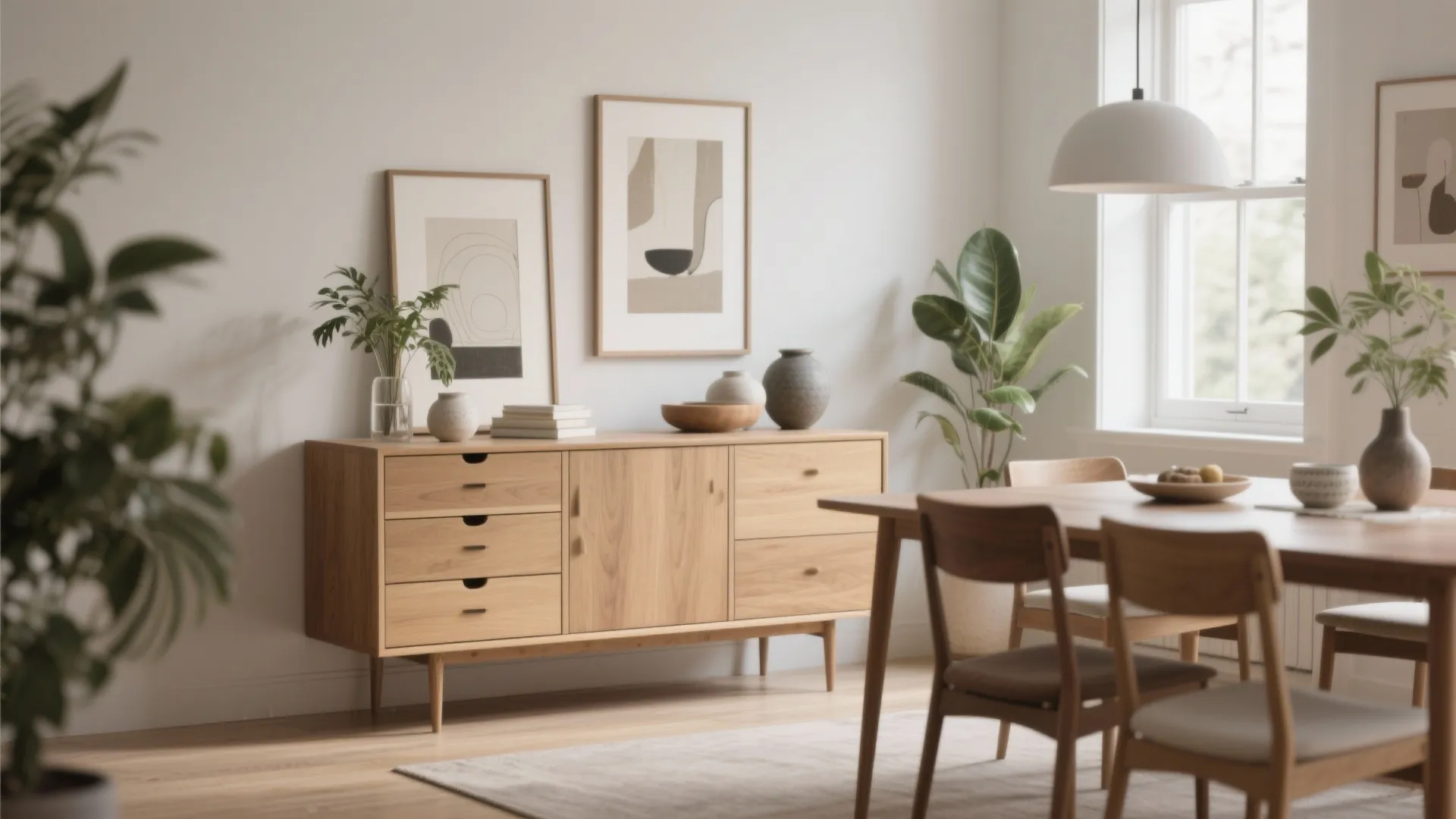 Light wood cabinet decorated with vases and framed art next to a wooden dining table