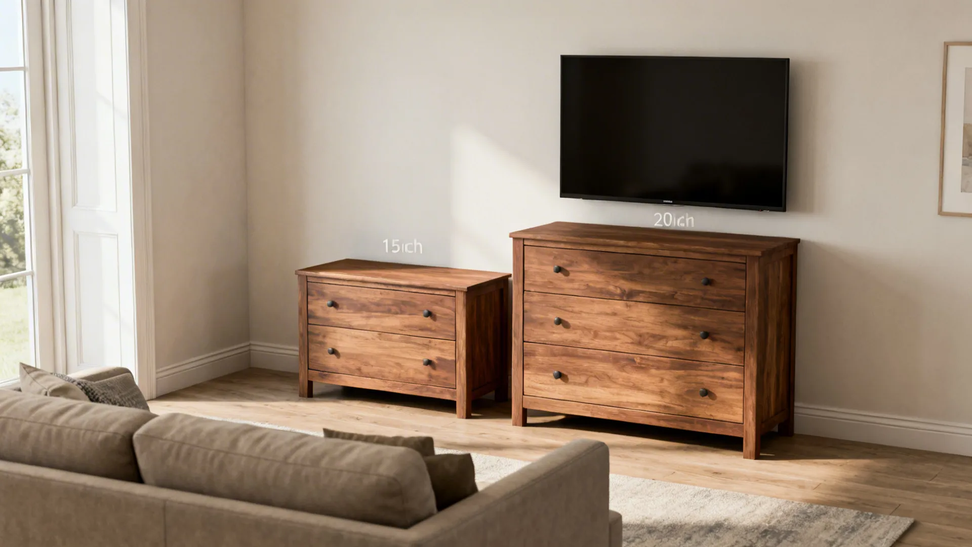 Comparison showing two wooden cabinets with different depths labeled as fifteen and twenty inches wide