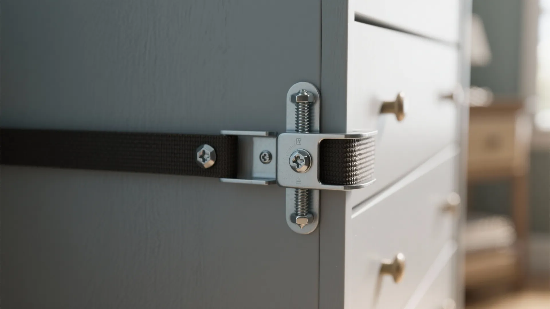 Close up view of a safety strap and metal bracket attached to a grey cabinet
