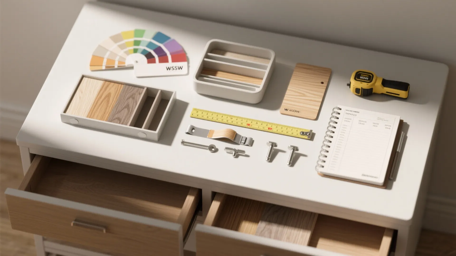 Interior design tools including color swatches wood samples tape measure and notebook on a desk