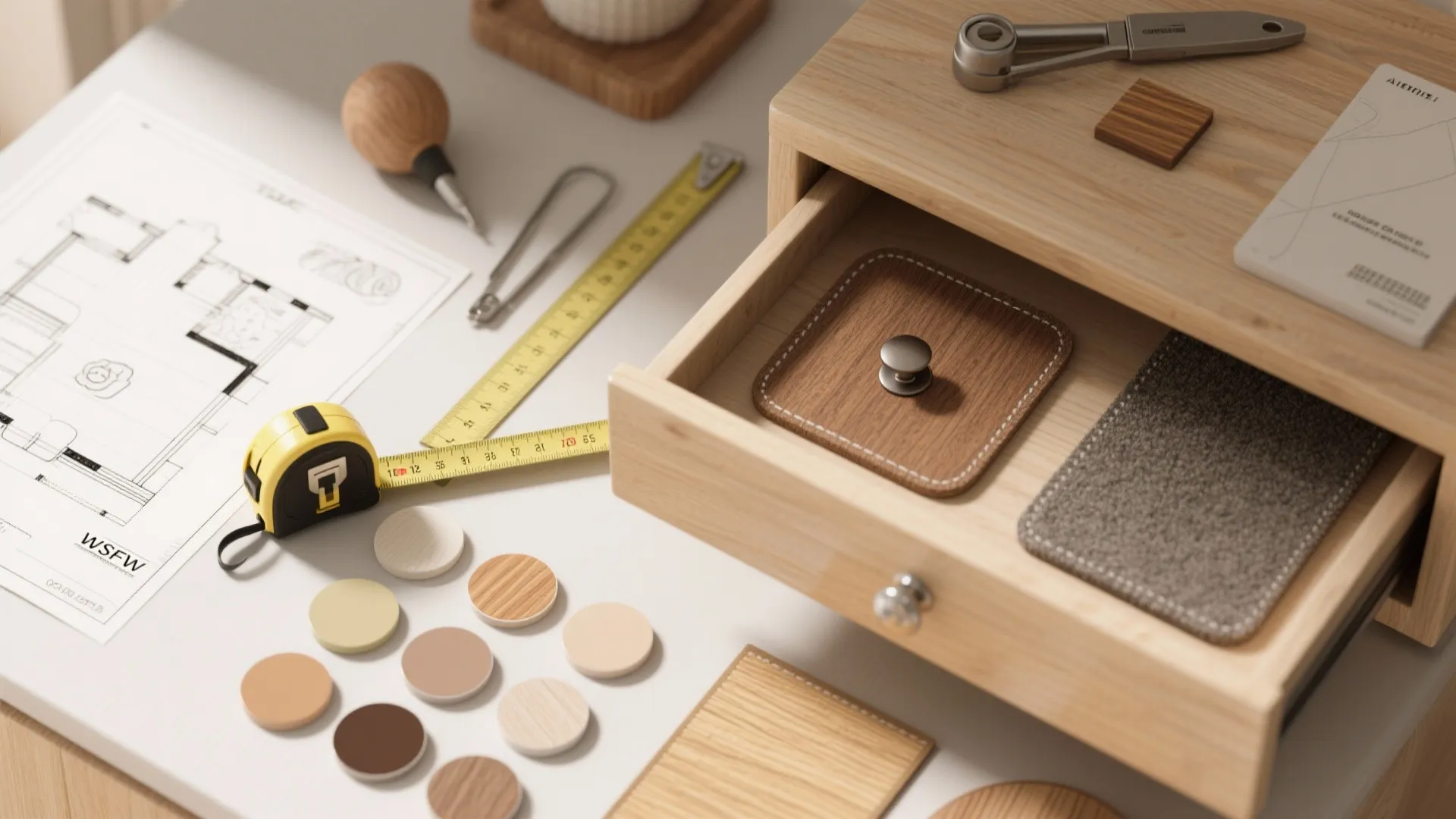 Top-down flatlay of measuring tools, wood swatches, and hardware samples for planning a small-space dresser.
