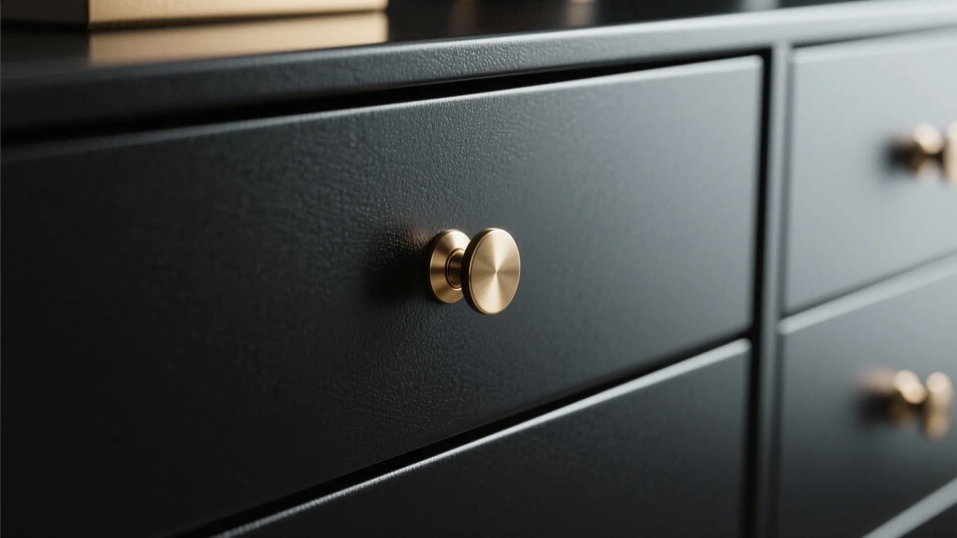 Matte black dresser drawer with brushed gold knobs shown in close-up