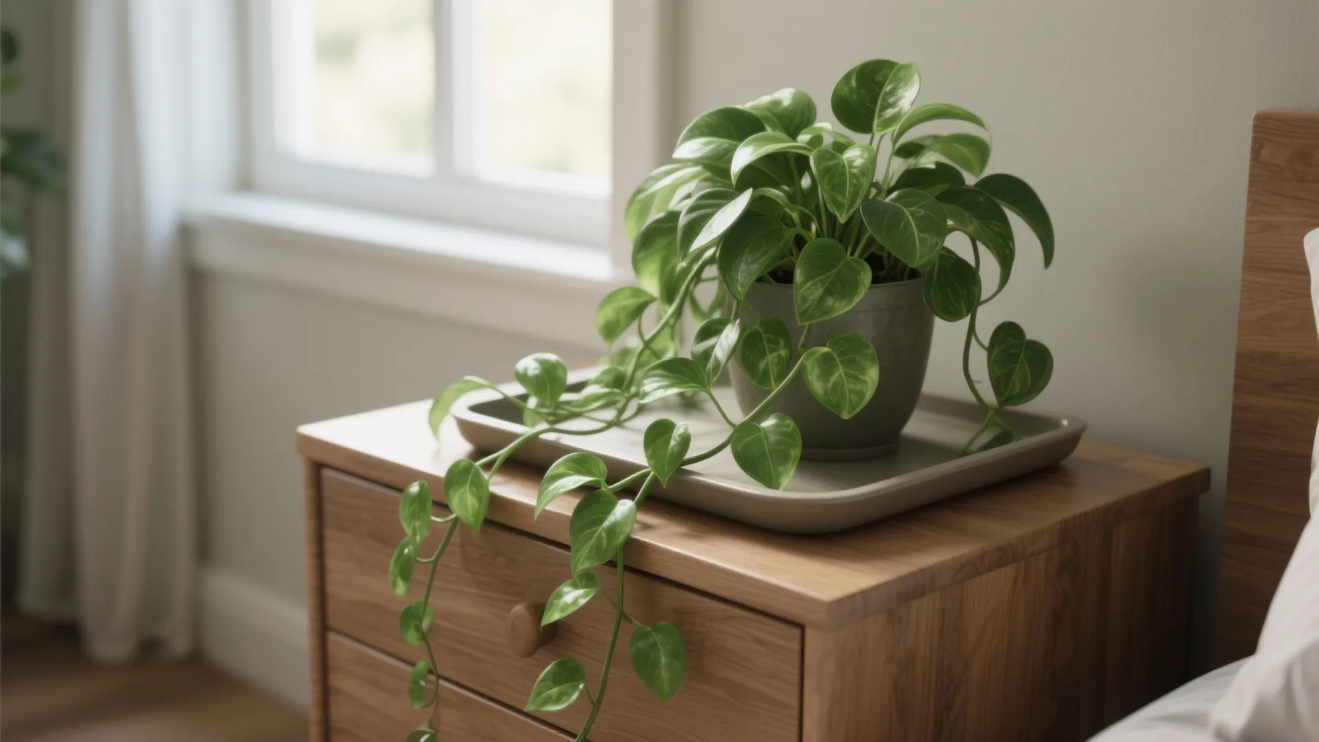 Green leafy plant in a grey pot sitting on a tray atop a wooden cabinet