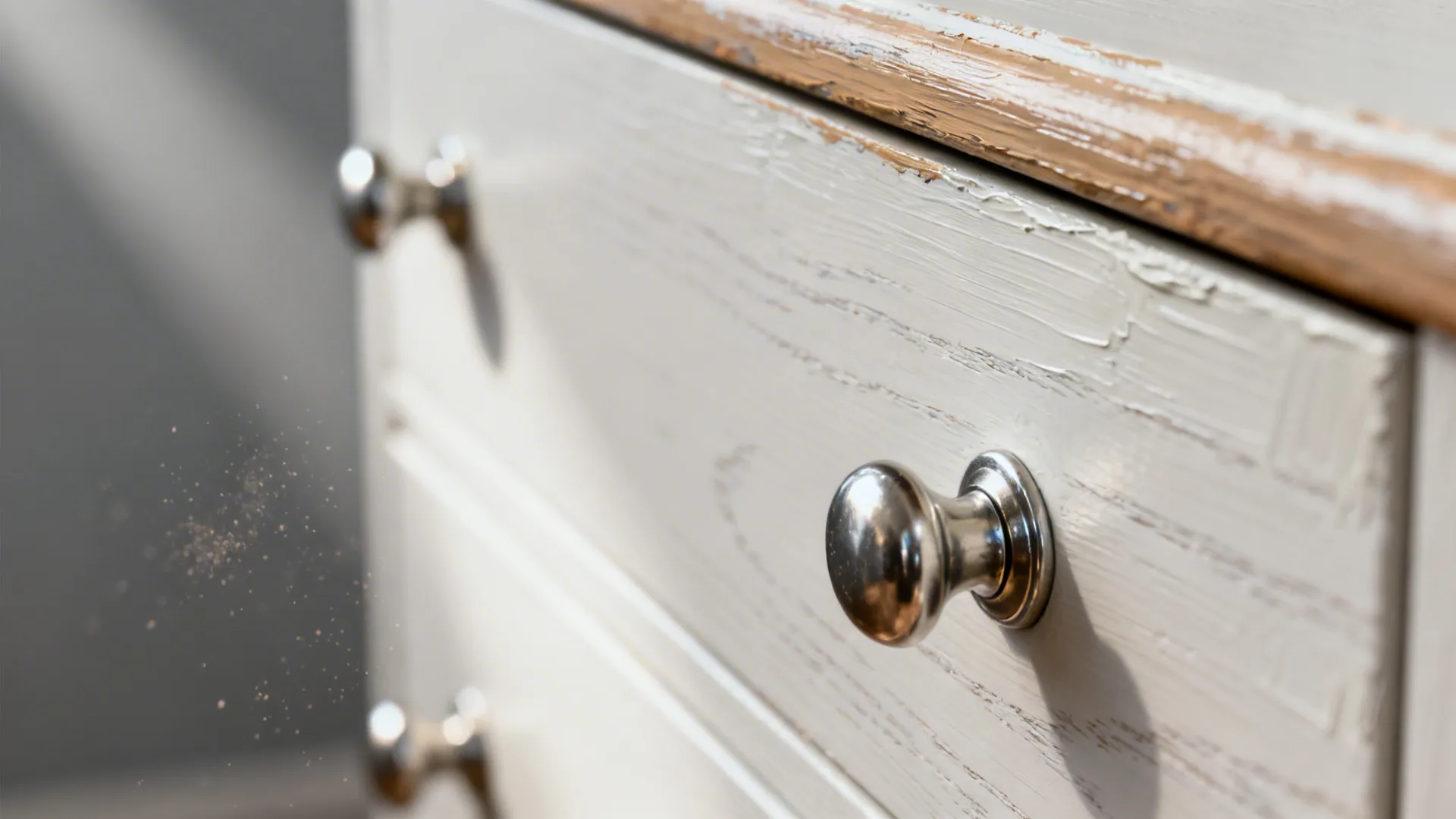 Close up of round silver handles on a white wooden cabinet drawer with visible wood texture
