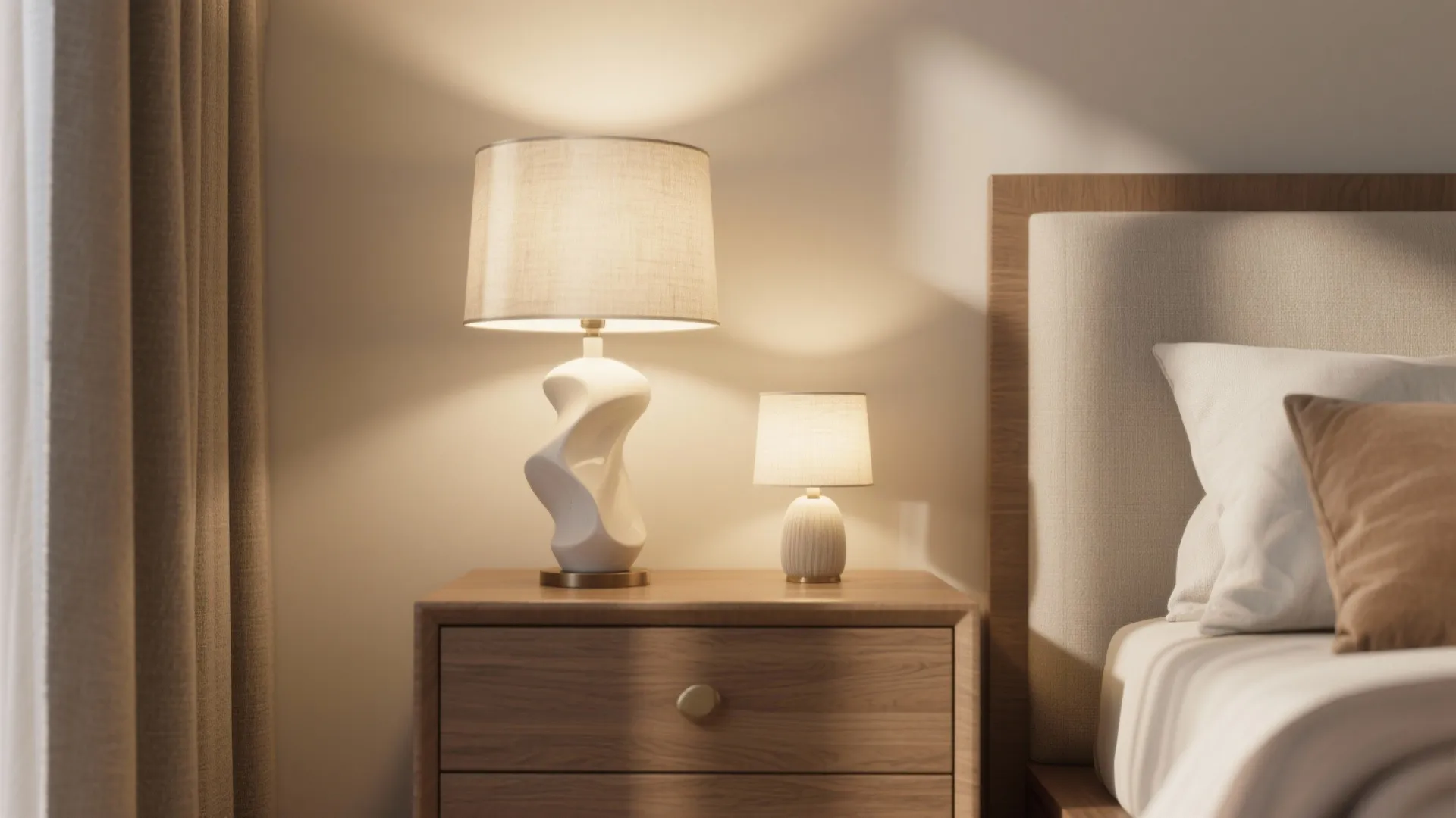 Two different sized white table lamps glowing on a wooden bedside cabinet near a bed