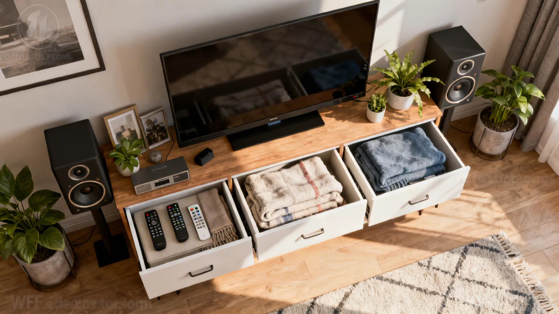 Wooden cabinet under TV with open drawers containing remotes and folded blankets plus potted plants