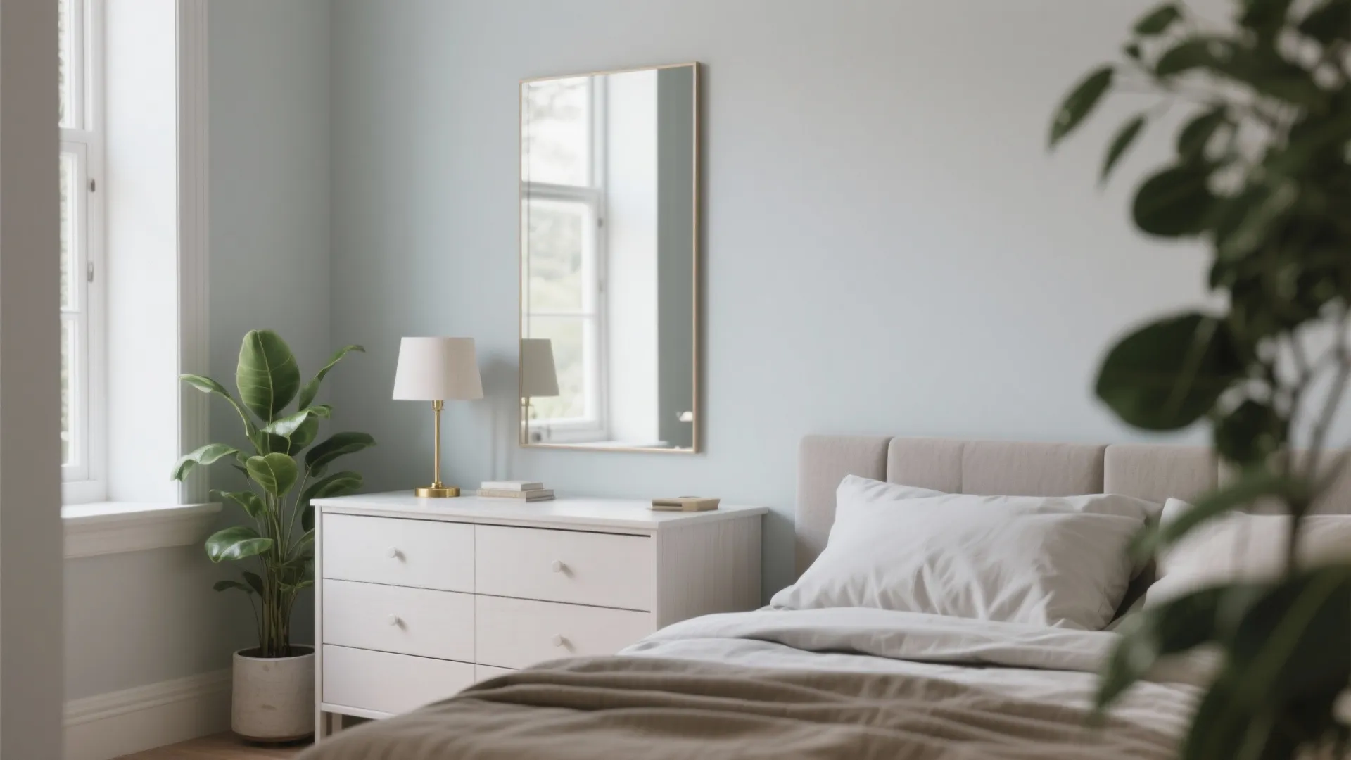 Light blue bedroom featuring white cabinet with gold lamp vertical wall mirror and potted green plant