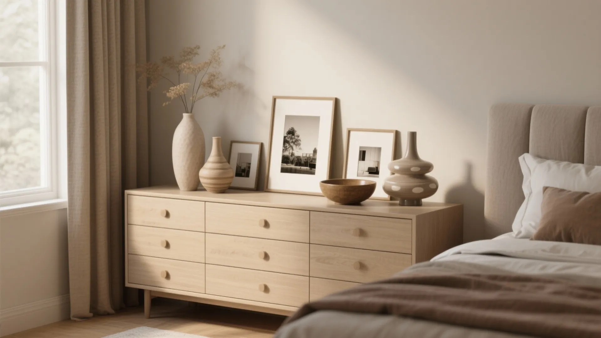 Minimalist bedroom cabinet with decorative vases and framed photos placed next to a soft bed