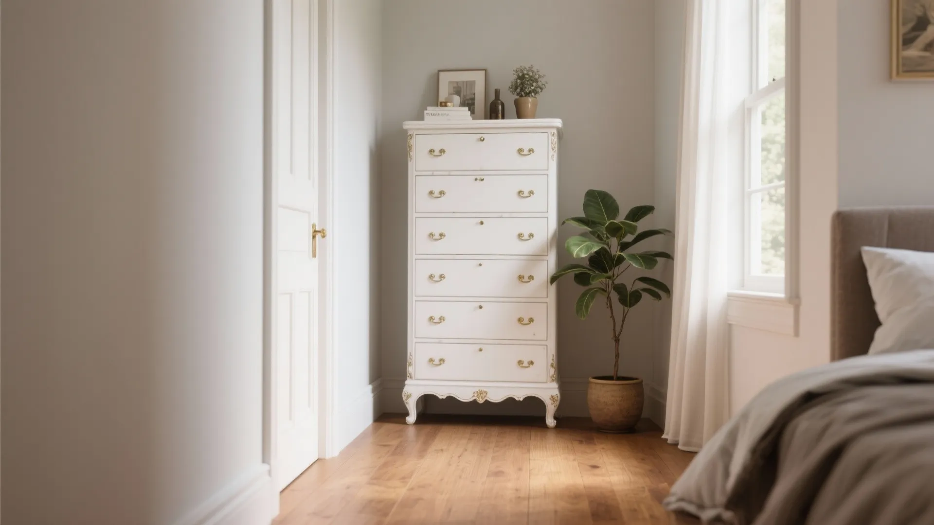 Tall white bedroom cabinet with gold handles placed in a corner next to green plant