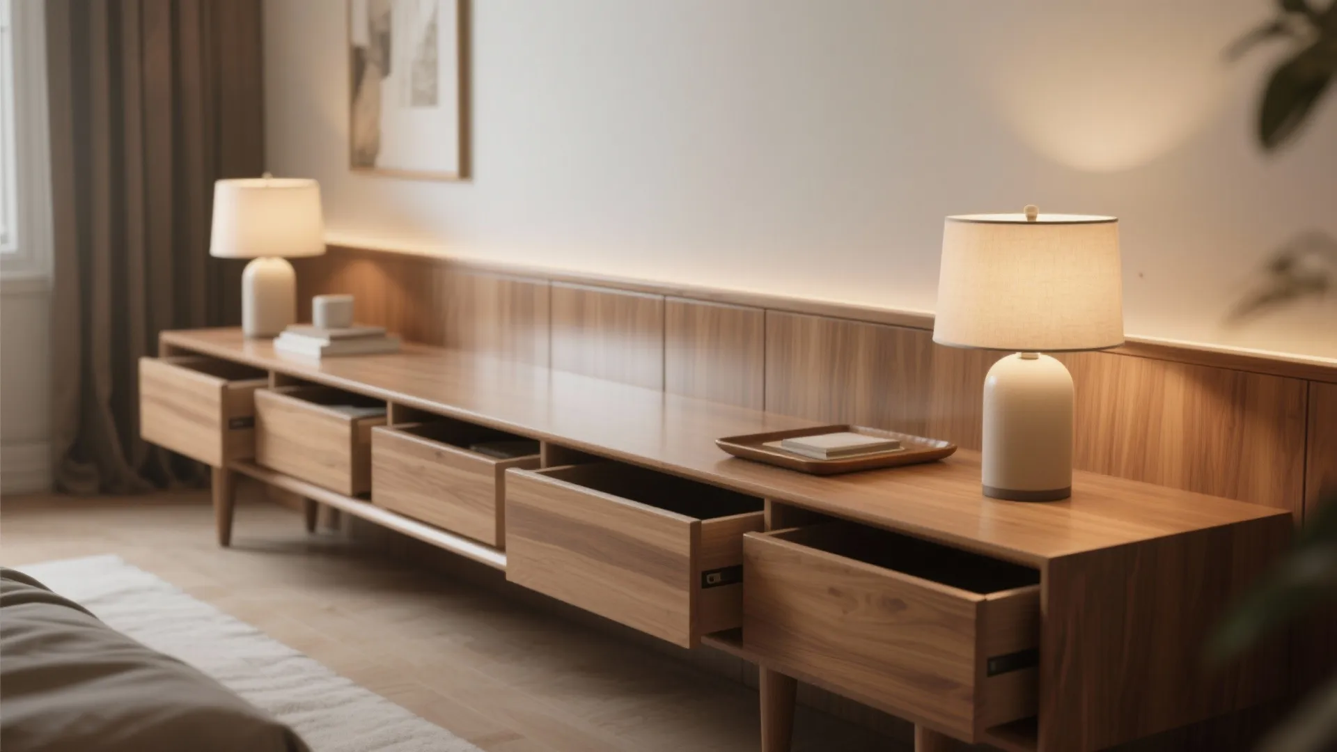 Low wide dresser used as a continuous bedside unit with lamp and shallow drawers.