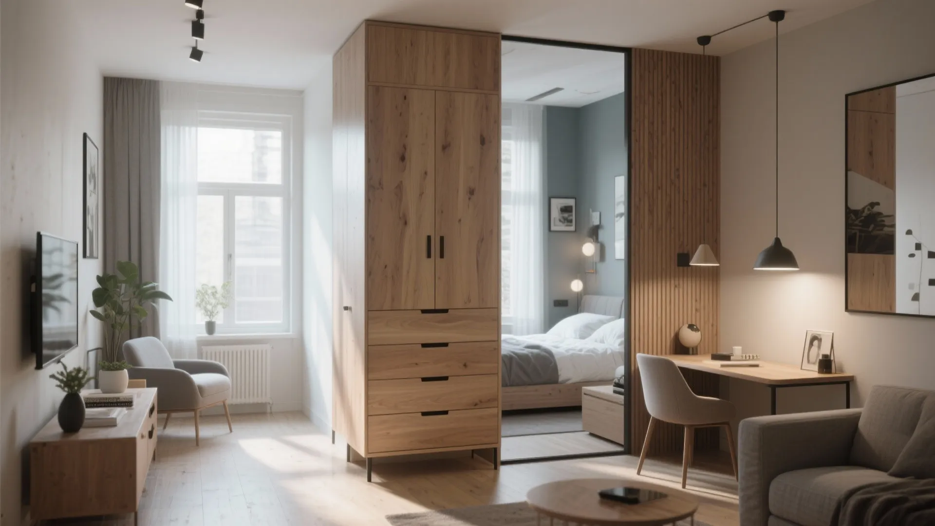 Tall dresser serving as room divider in a studio apartment