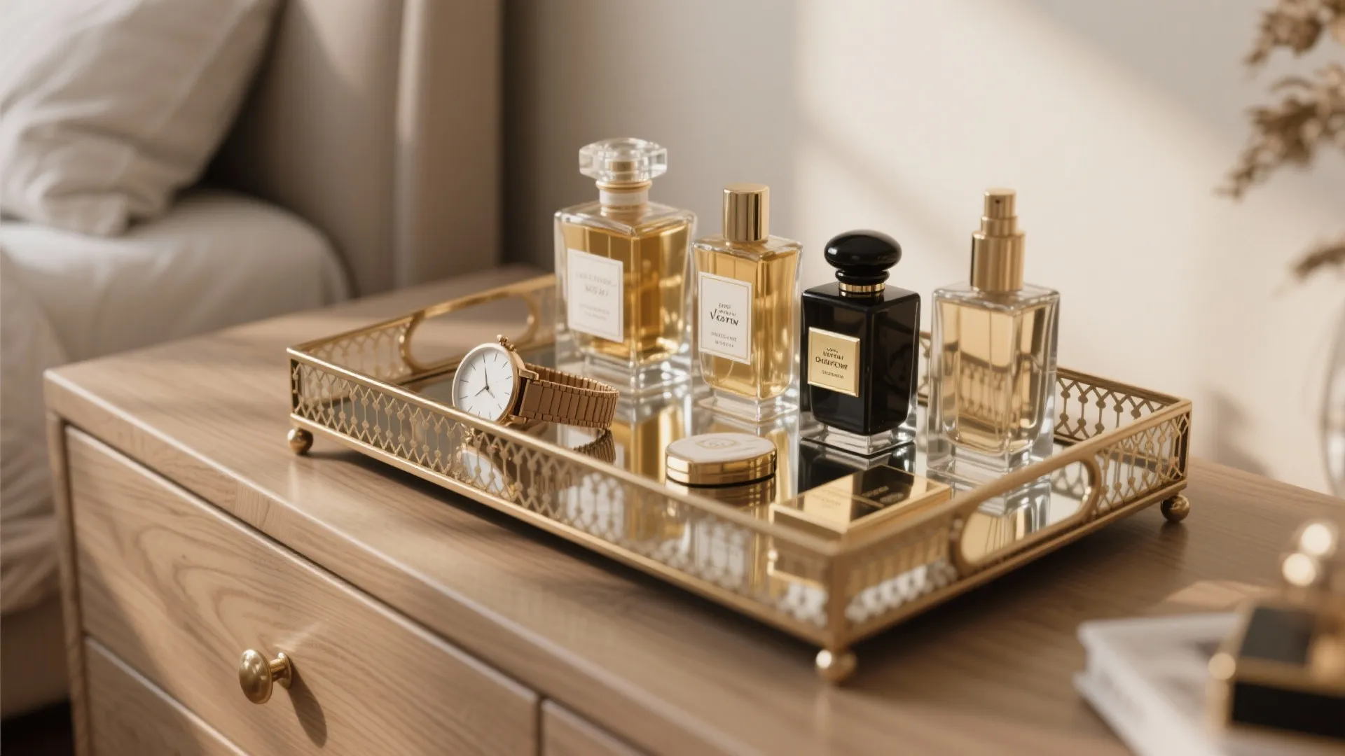 Gold mirror tray on wooden dresser holding perfume bottles, a gold watch, and small makeup