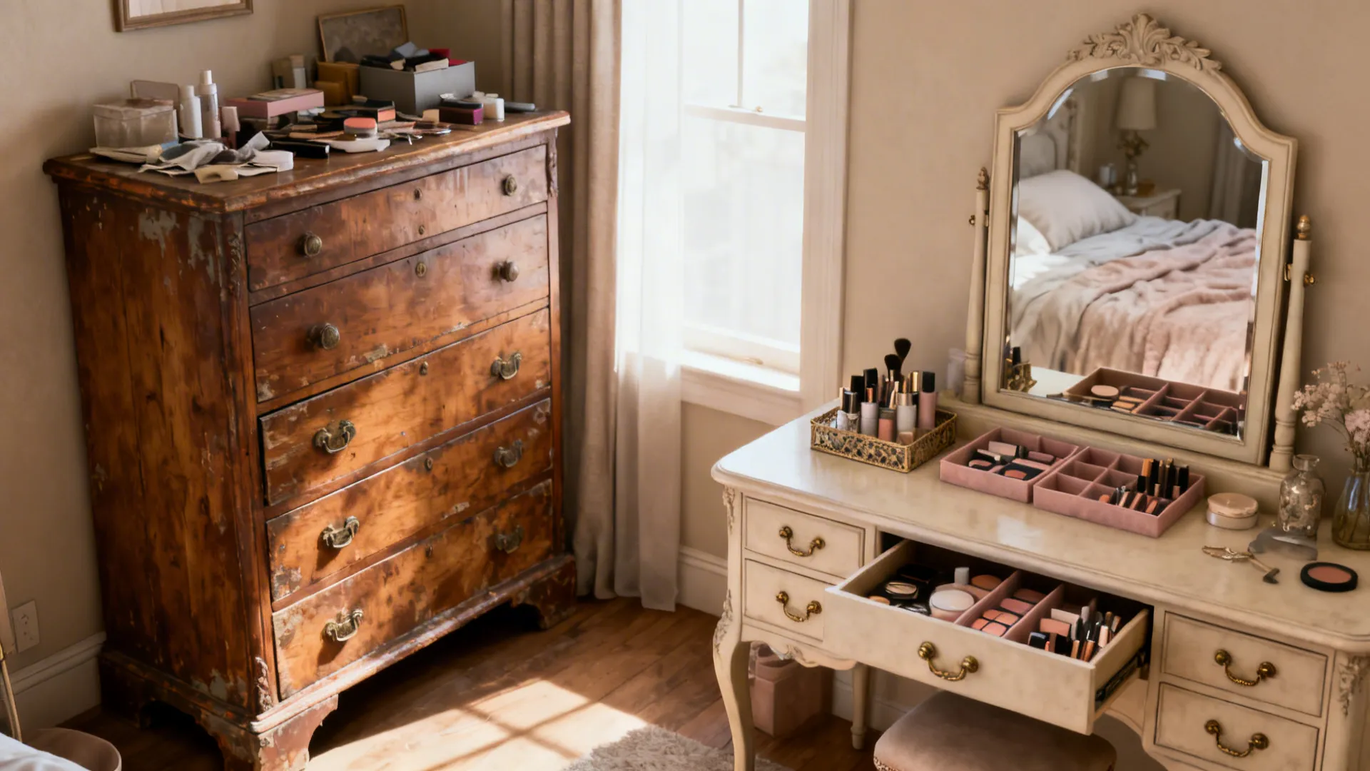 Before-and-after of a vintage dresser transformed into a functional vanity with mirror and organizers.
