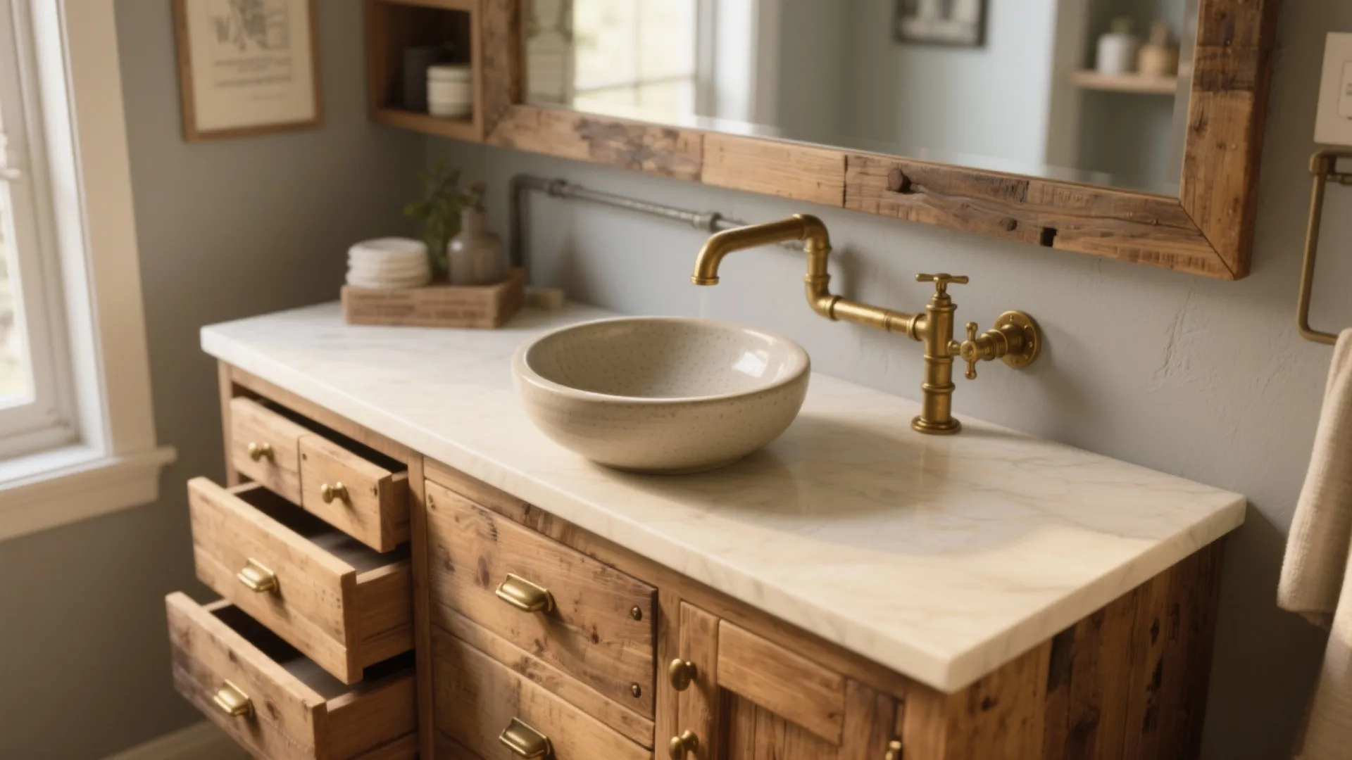Vintage bathroom sink with marble countertop and rustic wooden cabinet featuring several small open storage drawers