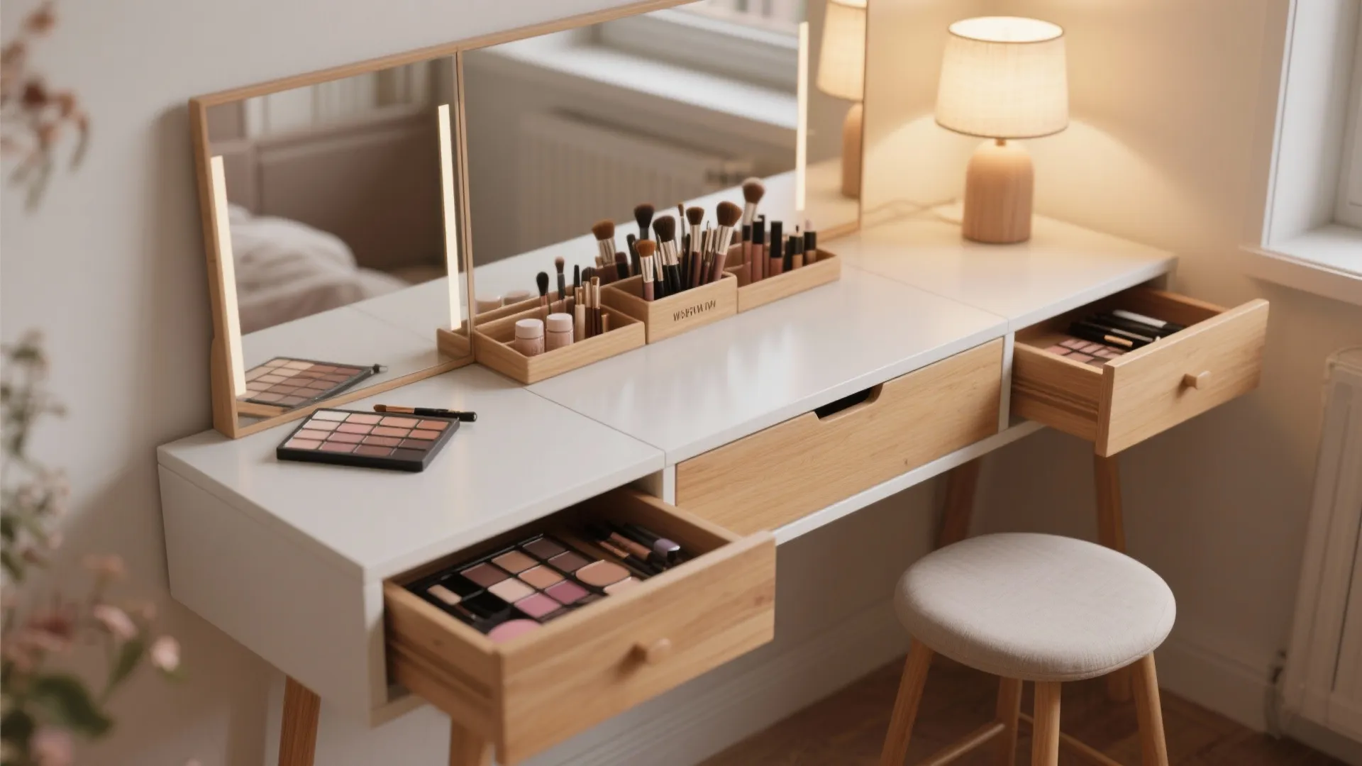 5. Narrow dresser top repurposed as a makeup station